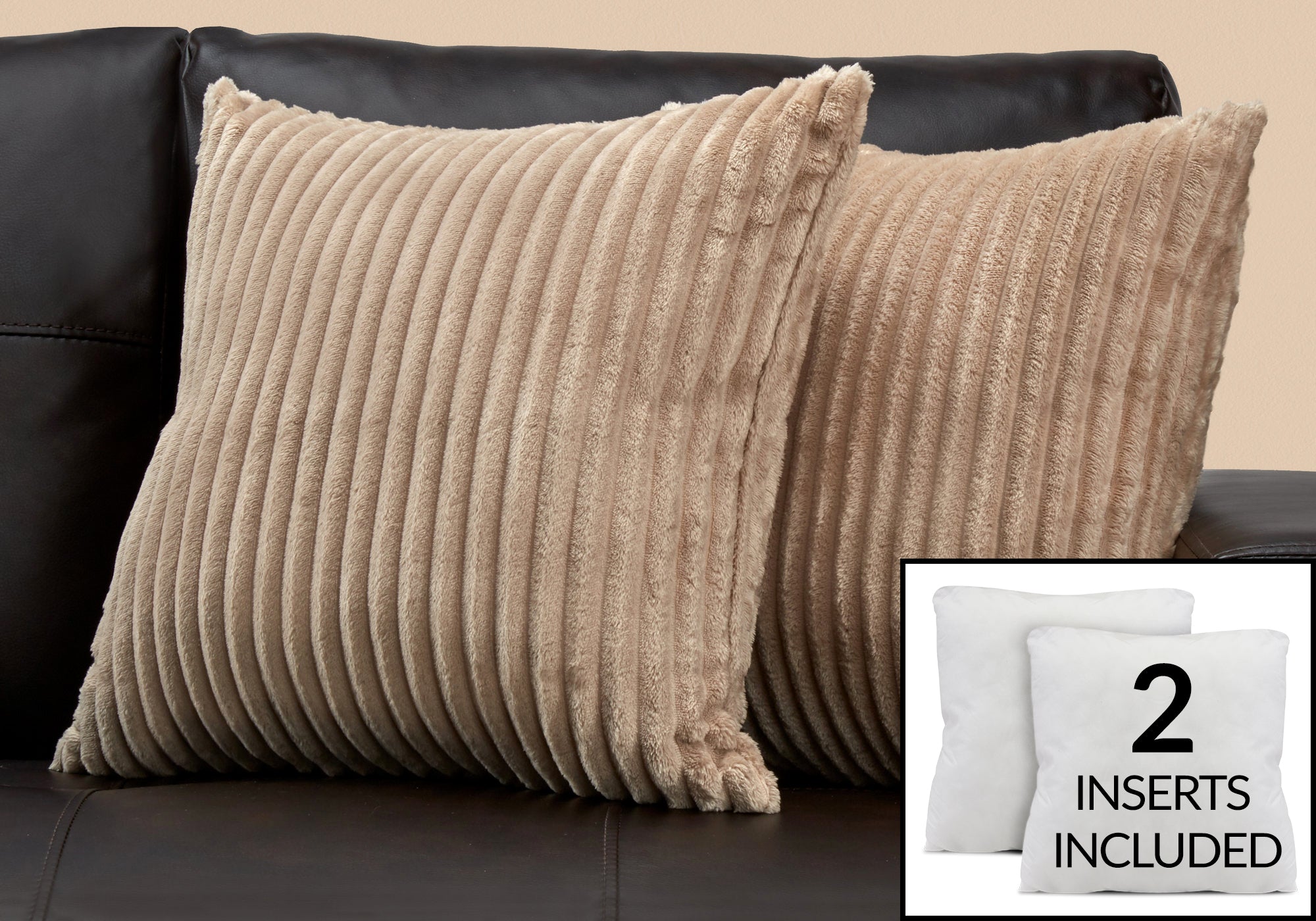 Image of pillow - 18inch x 18inch beige ultra soft ribbed style 2pcs i 9355.