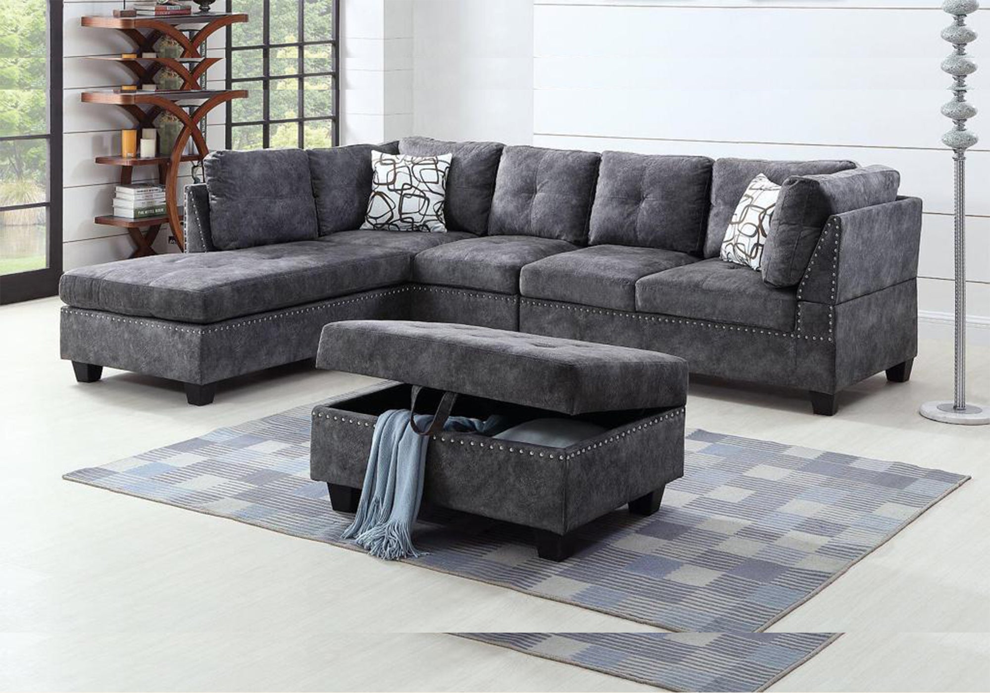 Image of sofa sectional suede with ottoman storage grey.