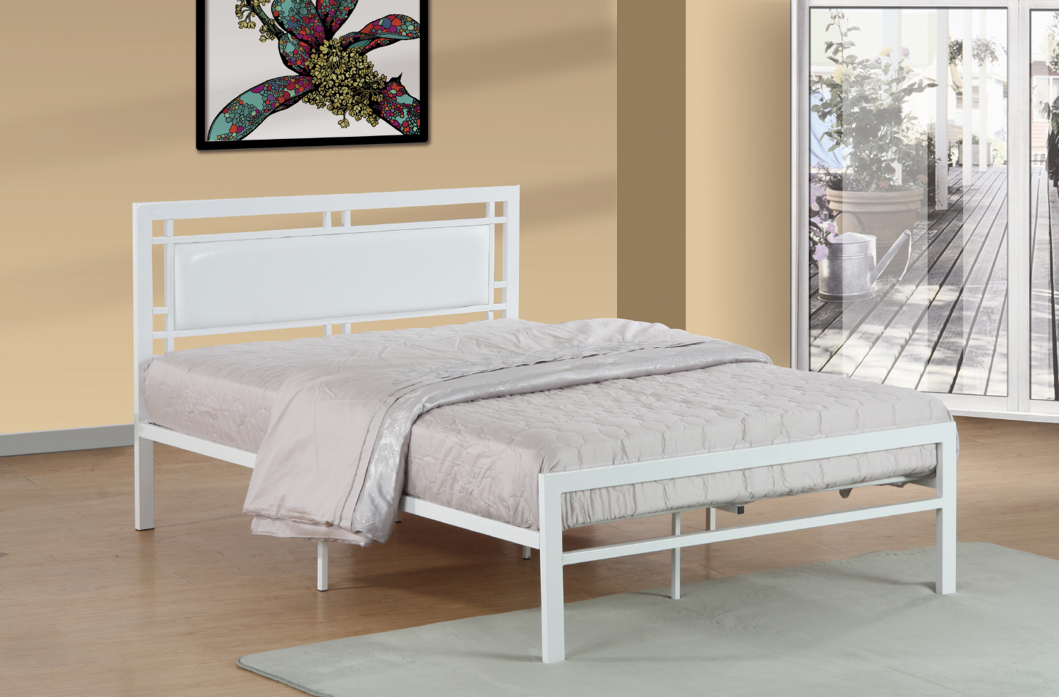 Image of bed 1148 - metal bed frame with pu headboard white.