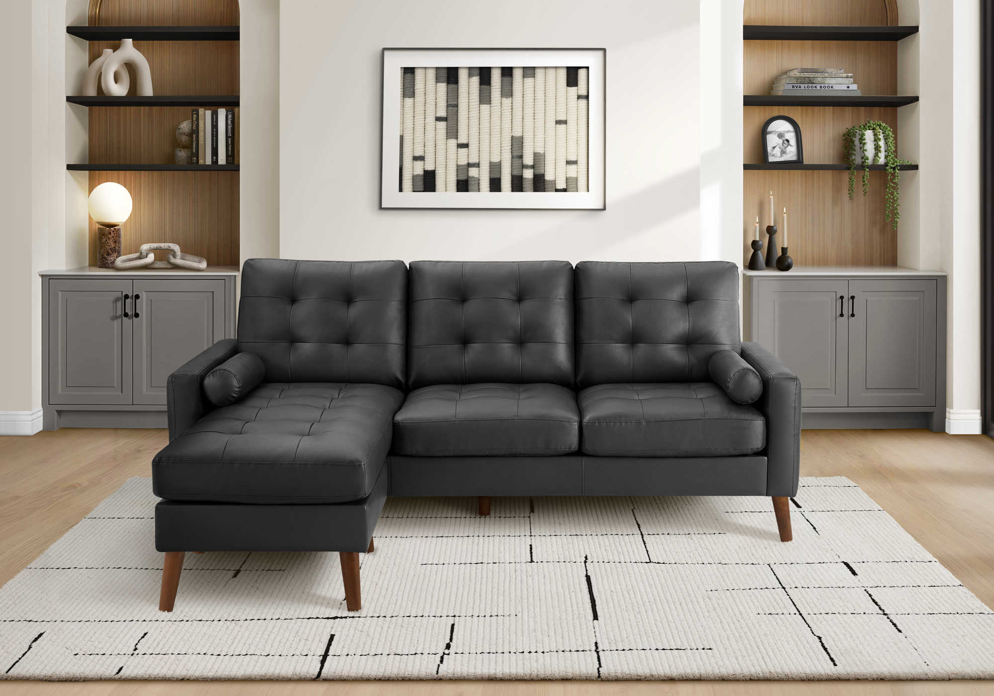SOFA CHAISE LONGUE - G/D AVEC 2 COUSSINS / PU NOIR #CK5A95 – 8J14A95