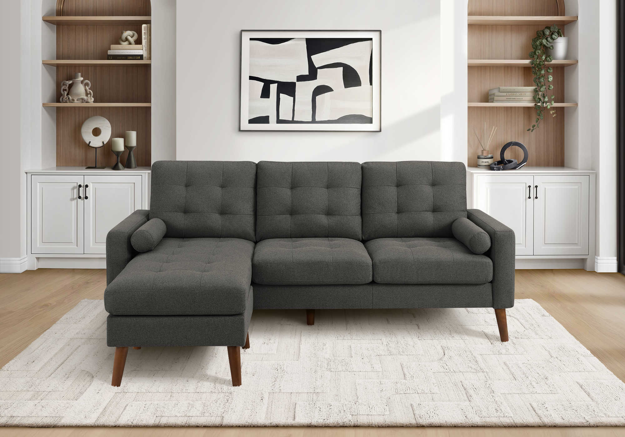 SOFA CHAISE LONGUE - G/D AVEC 2 COUSSINS / GRIS #LUMOS-17 – 8J14L17