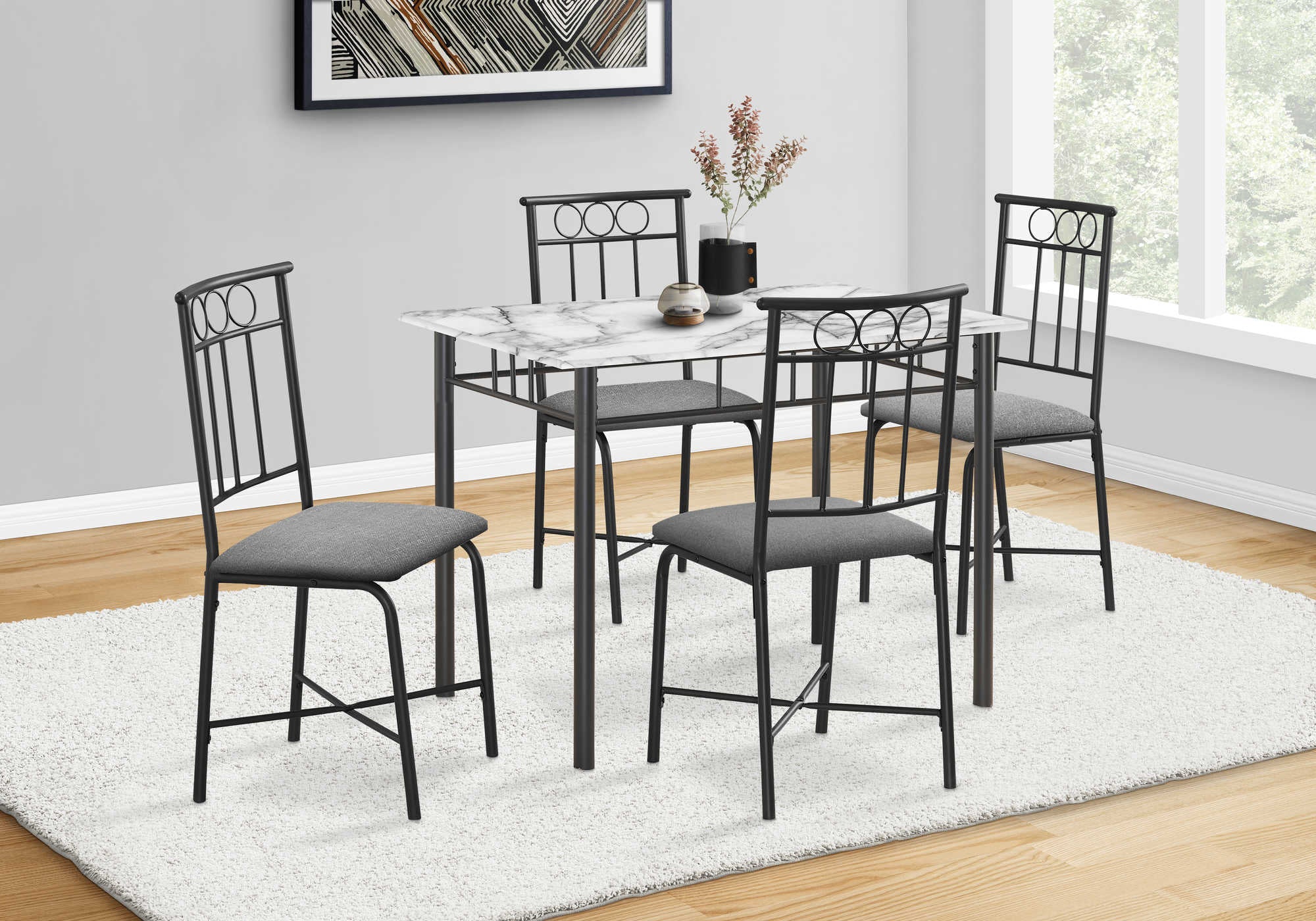 Image of dining - dining set - 5pcs set / white marble top / black metal i 1014.