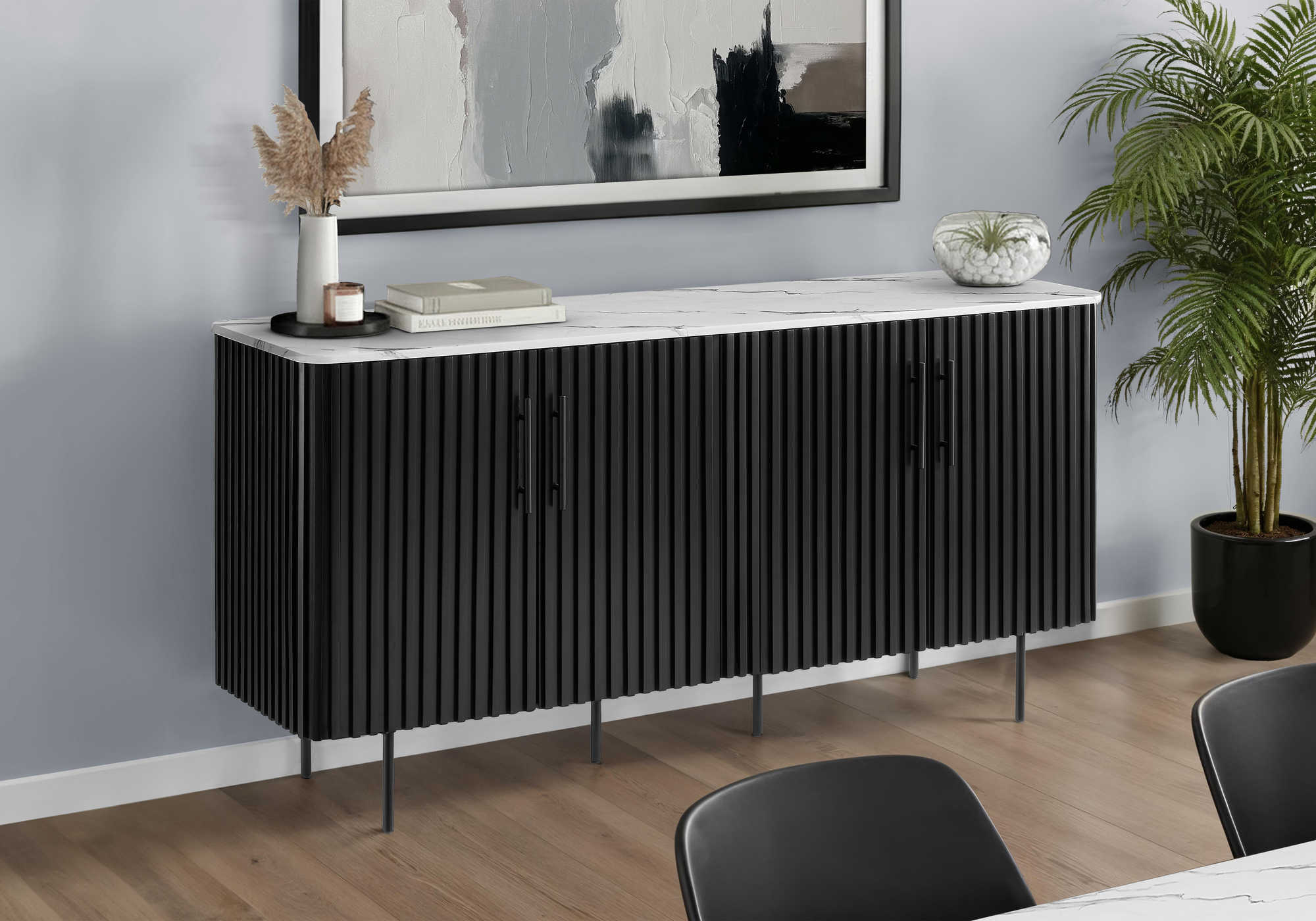 BUFFET - 66"L / PLATEAU EN FAUX MARBRE BLANC / BASE NOIRE – I 1225
