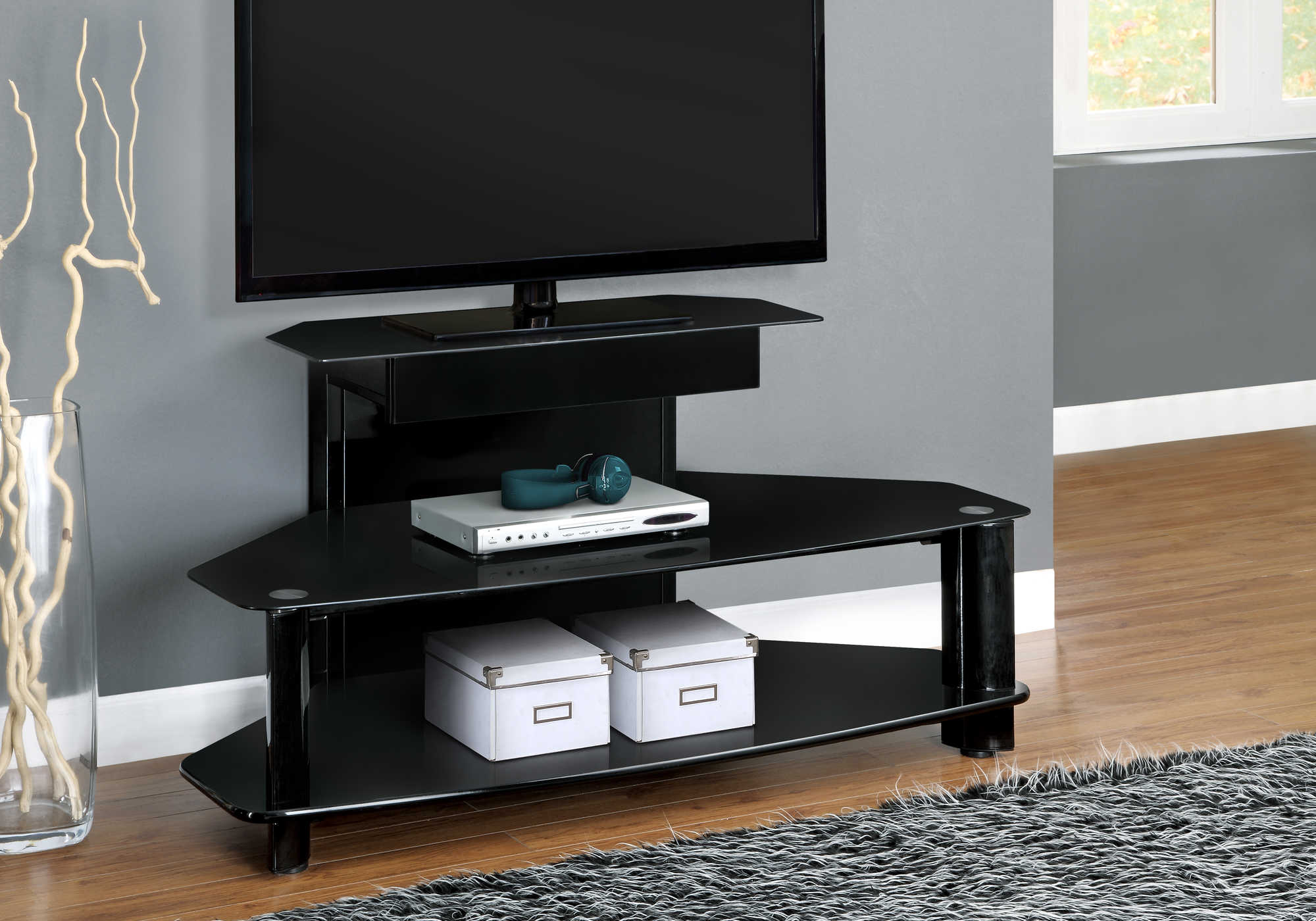 Image of tv stand - 48"l / glossy black wood / metal / tempered  i 2000.