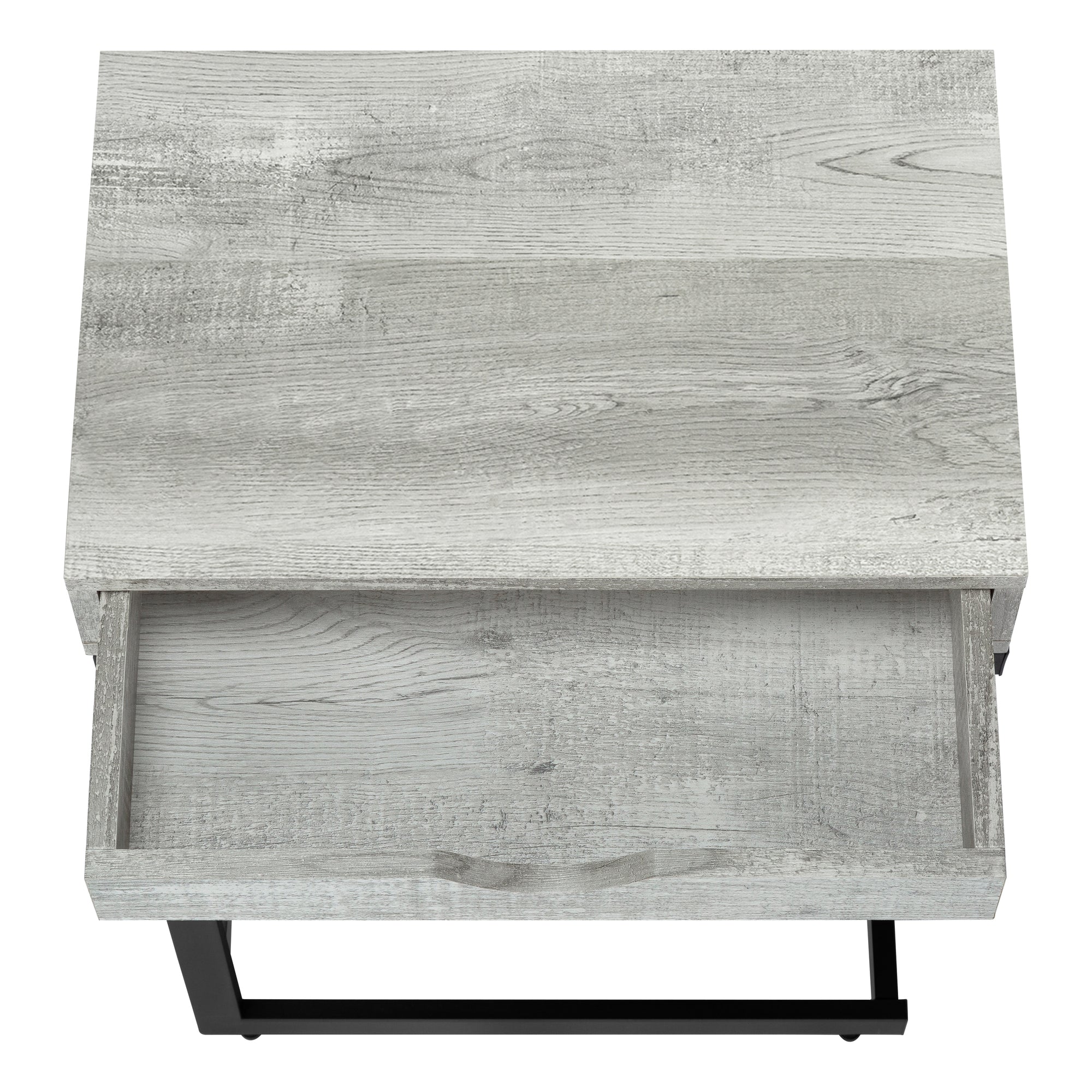 TABLE DE CHEVET - METAL NOIR / FAUX BOIS GRIS / TIROIR – I 3407.