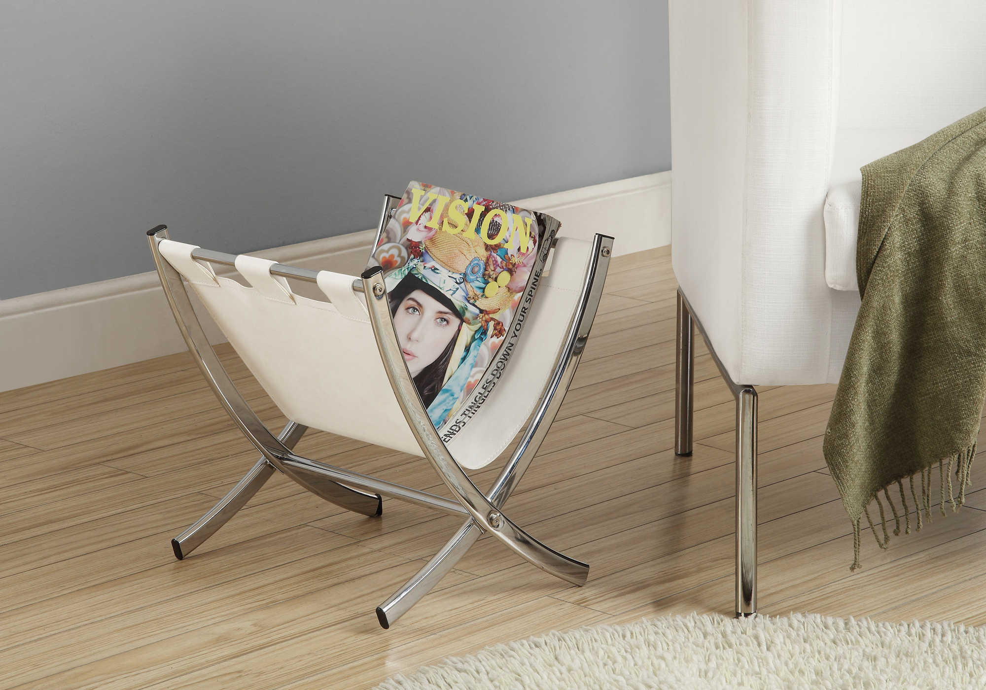 SUPPORT MAGAZINE - SIMILI-CUIR BLANC / METAL CHROME – I 2036