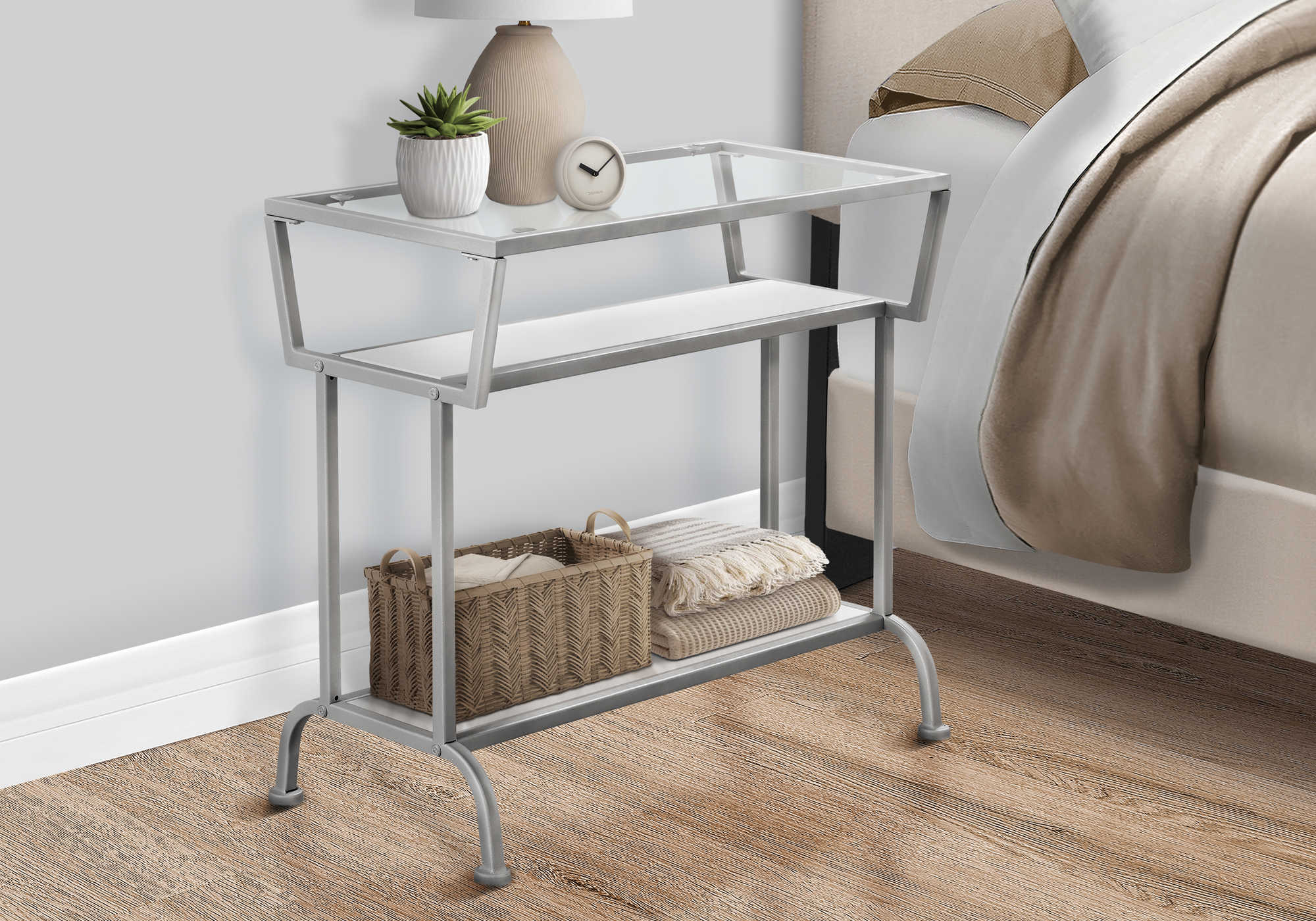 Image of nightstand - 22"h / white / silver / tempered glass  i 2068.