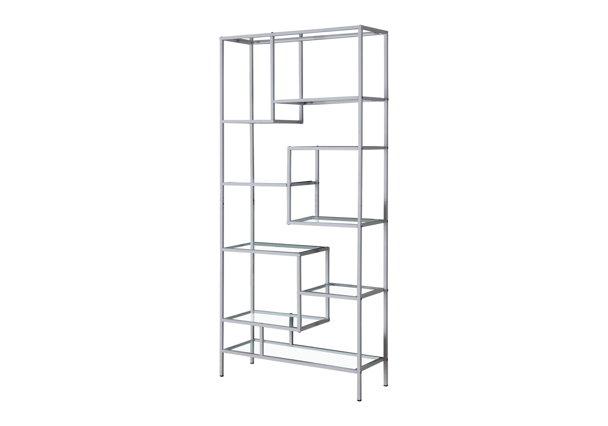 ETAGERE - 72"H / METAL ARGENT ET VERRE TREMPE – I 7158.