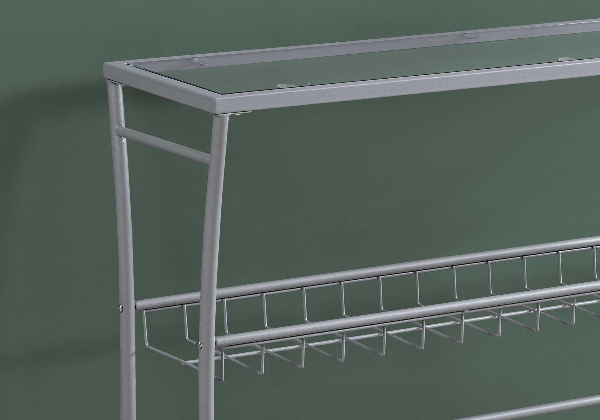 TABLE D'APPOINT - 42"L/ARGENT/CONSOLE ENTREE VERRE TREMPE – I 2128.