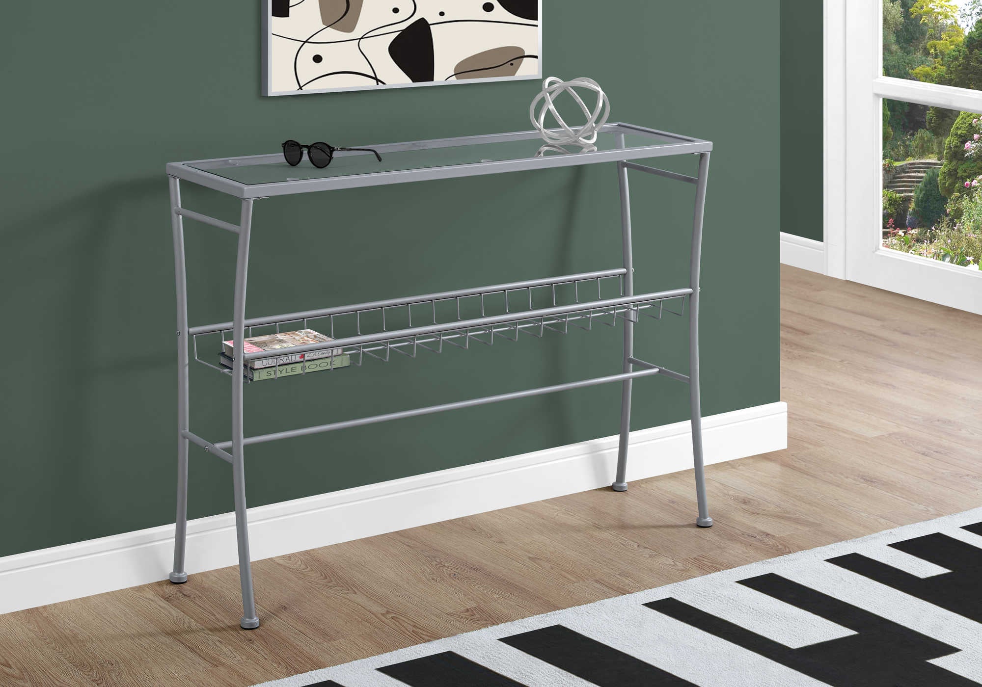 TABLE D'APPOINT - 42"L/ARGENT/CONSOLE ENTREE VERRE TREMPE – I 2128.