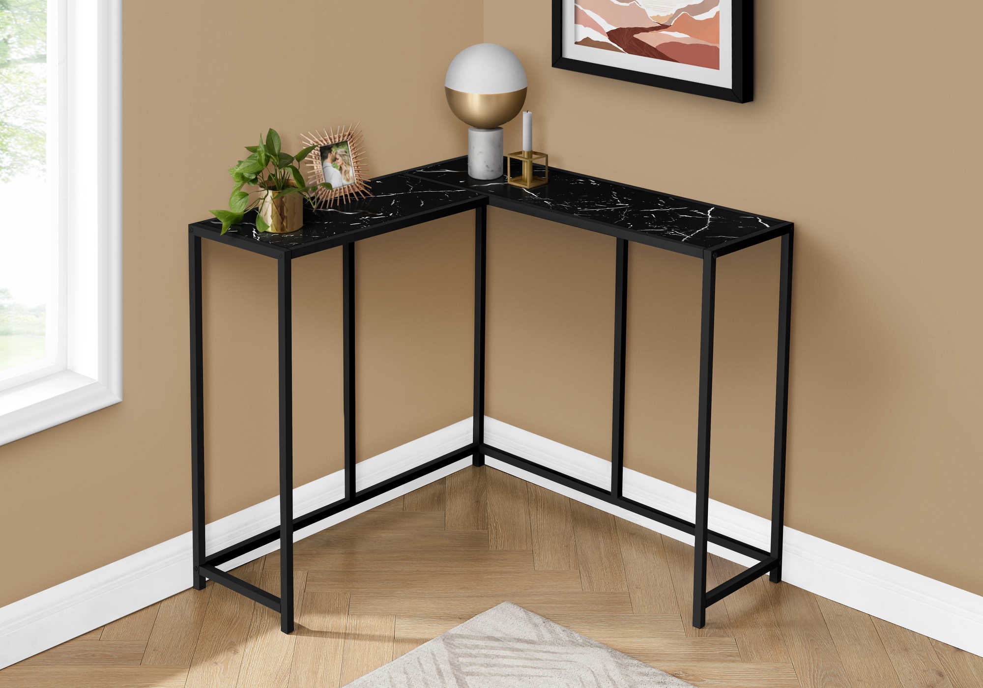 TABLE D'APPOINT - 36"L / MARBRE NOIR / CONSOLE DE COIN – I 2158.
