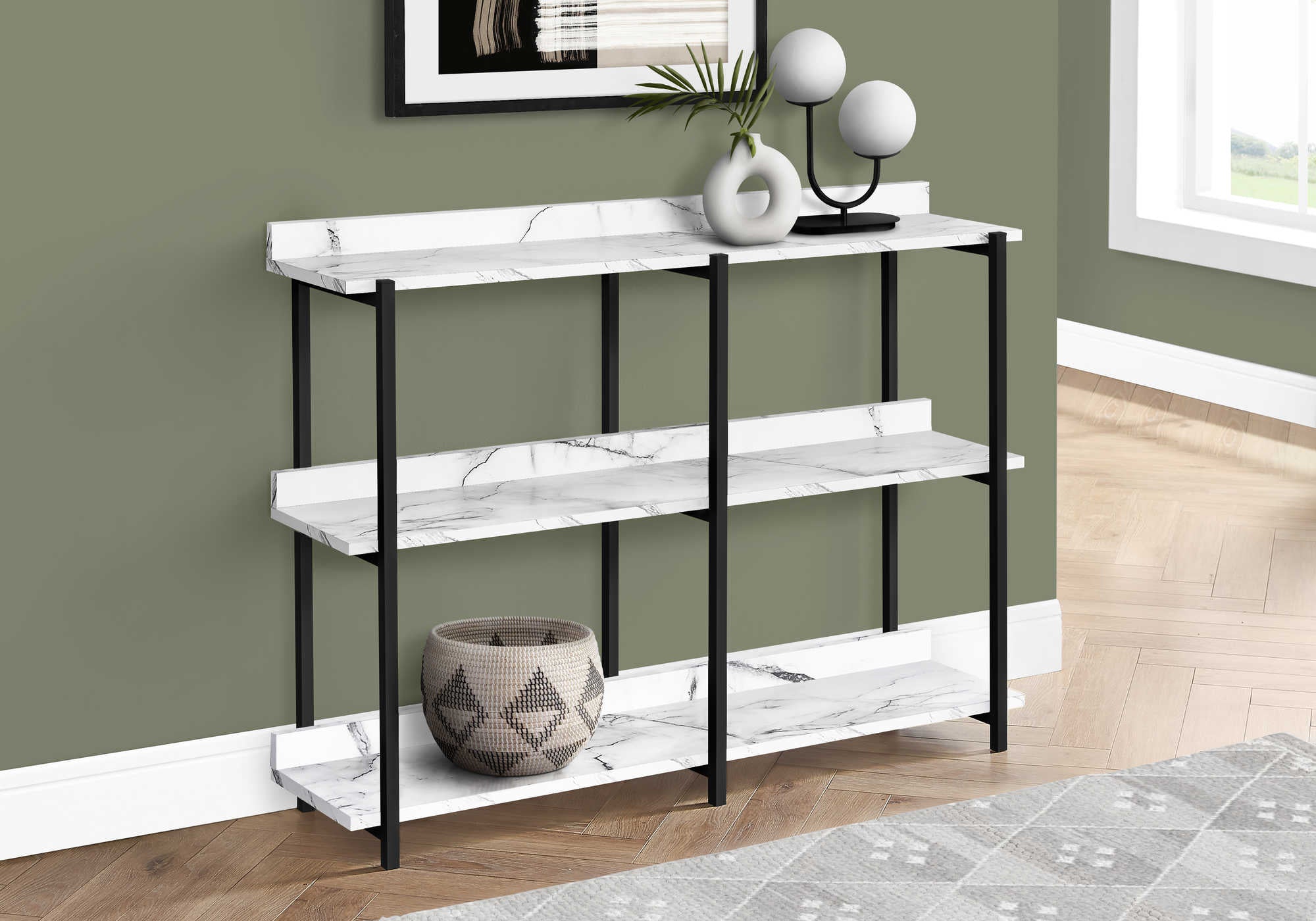 TABLE D'APPOINT - 48"L / CONSOLE MARBRE BLANC/ METAL NOIR – I 2221.