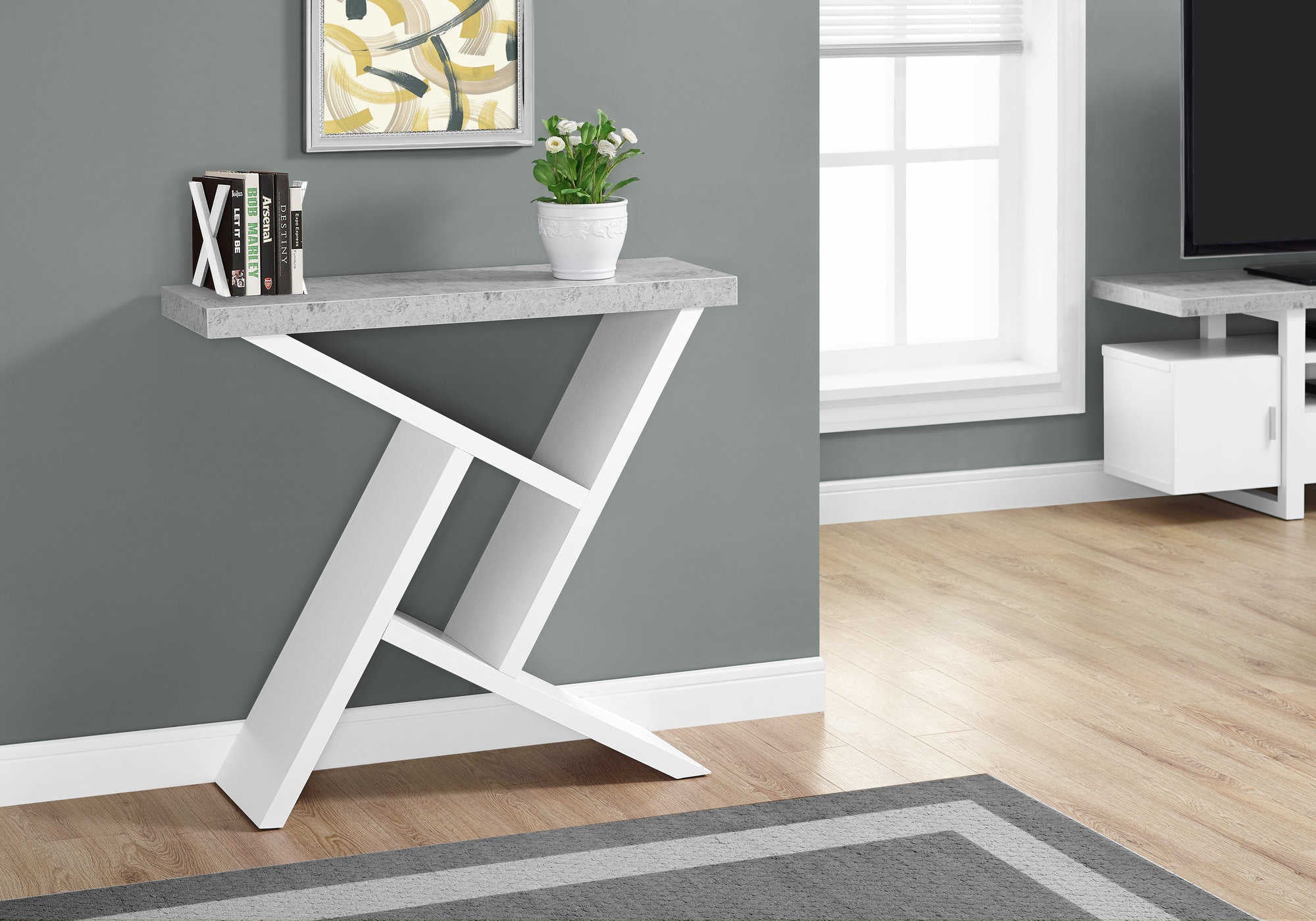 TABLE D'APPOINT - 36"L / CONSOLE BLANC / SIMILI-CIMENT – I 2405.
