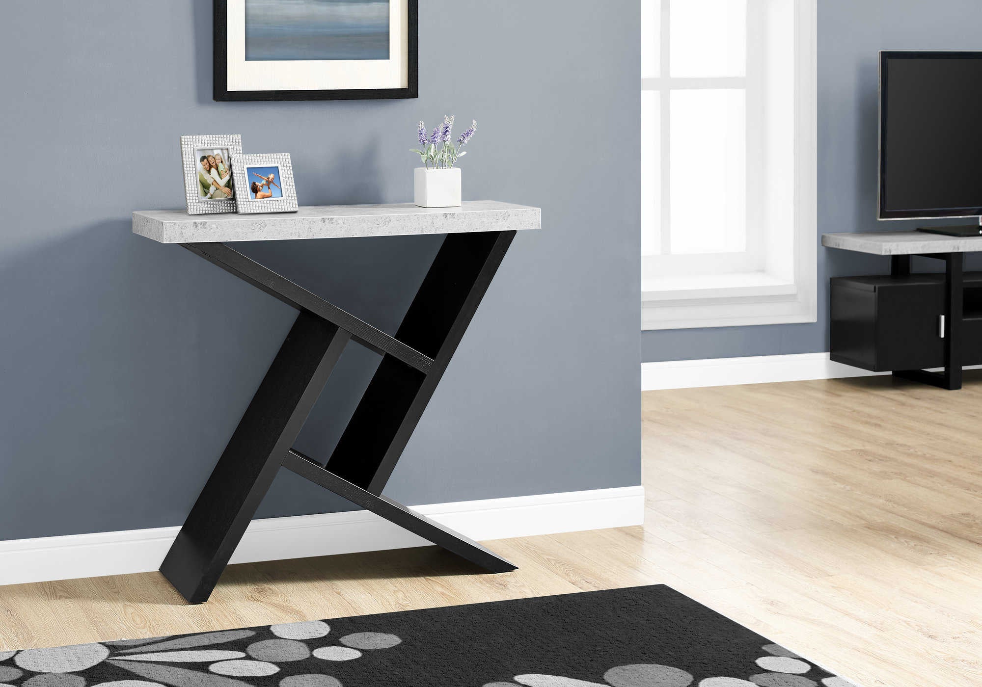 TABLE D'APPOINT - 36"L / CONSOLE NOIR / SIMILI-CIMENT – I 2406.