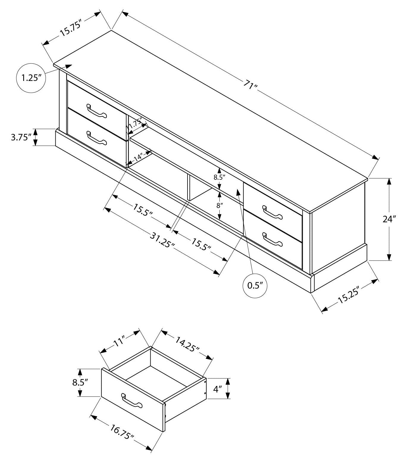 MEUBLE TV - 72"L / BRUN FONCE CHENE AVEC 4 TIROIRS – I 2524