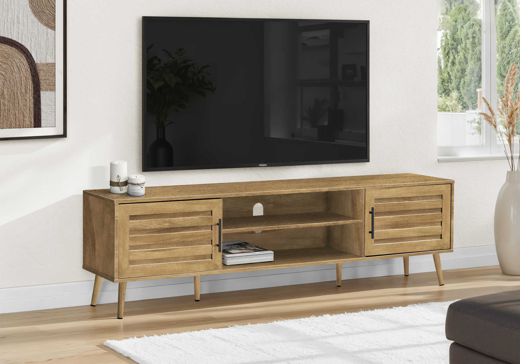 MEUBLE TV - 72"L / ACAJOU SIMILI-BOIS AVEC 2 PORTES – I 2719
