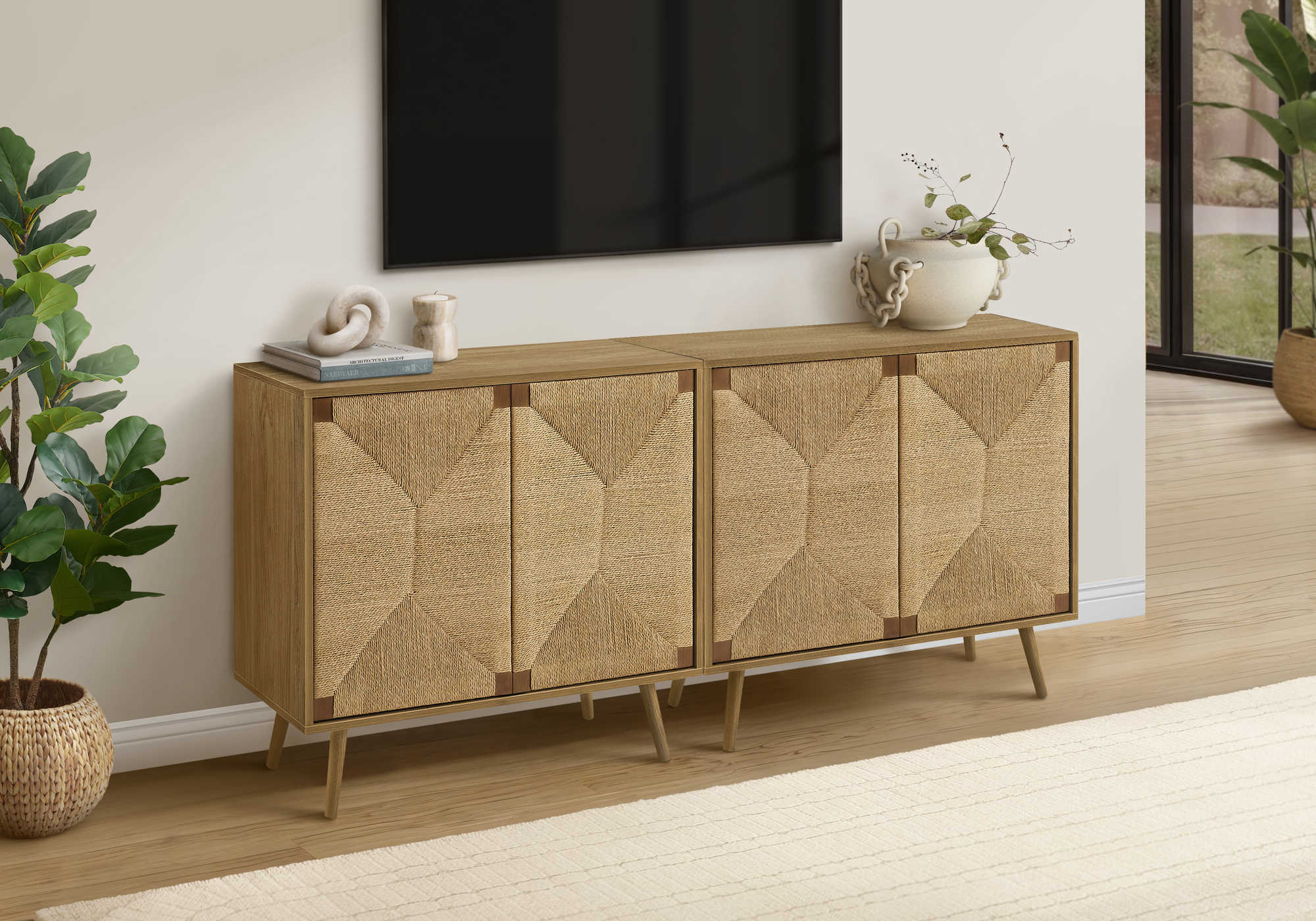 COMMODE - 32"H / ASPECT JONC DE MER / NOYER PALE - 2 PORTES – I 2729