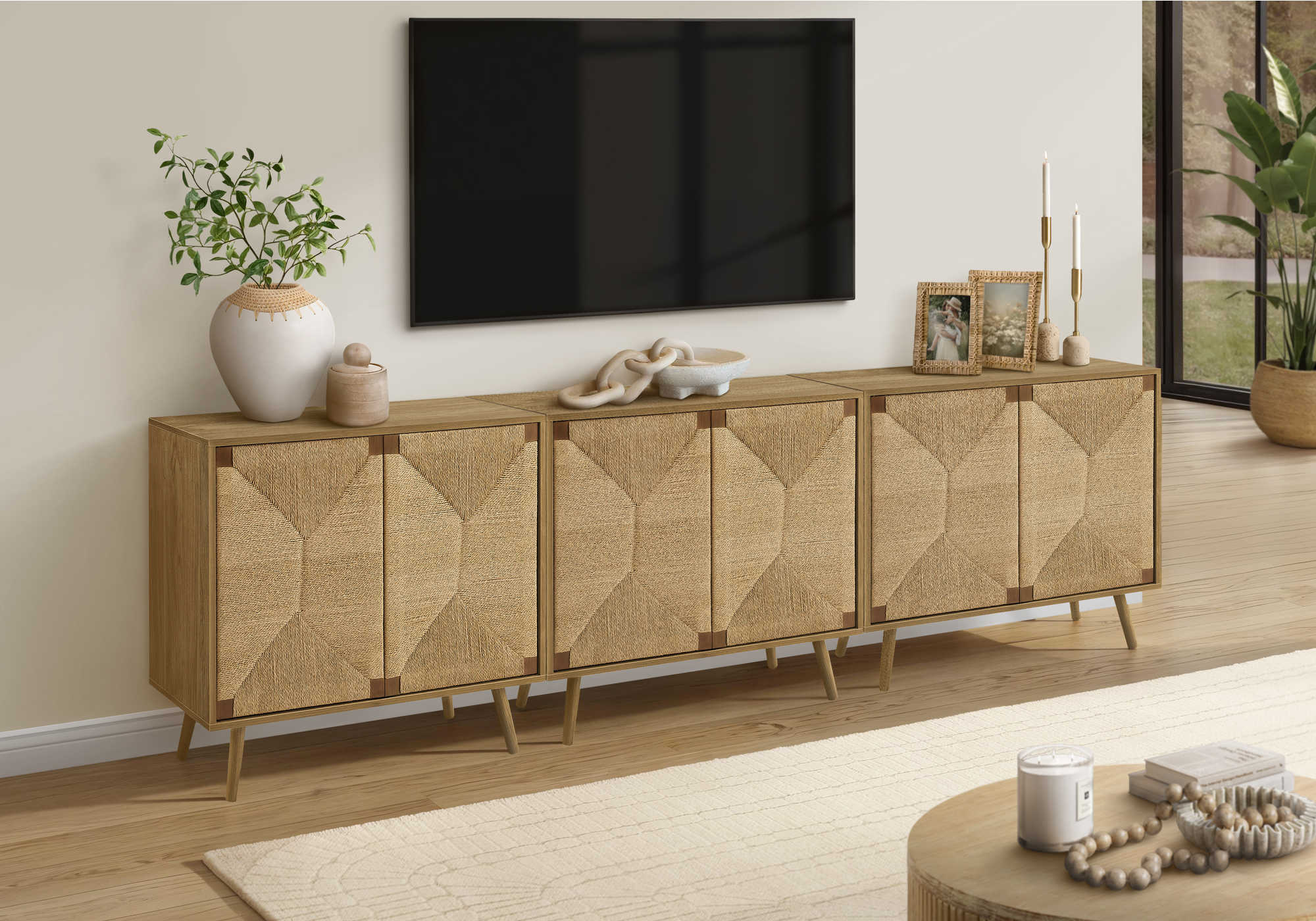 COMMODE - 32"H / ASPECT JONC DE MER / NOYER PALE - 2 PORTES – I 2729