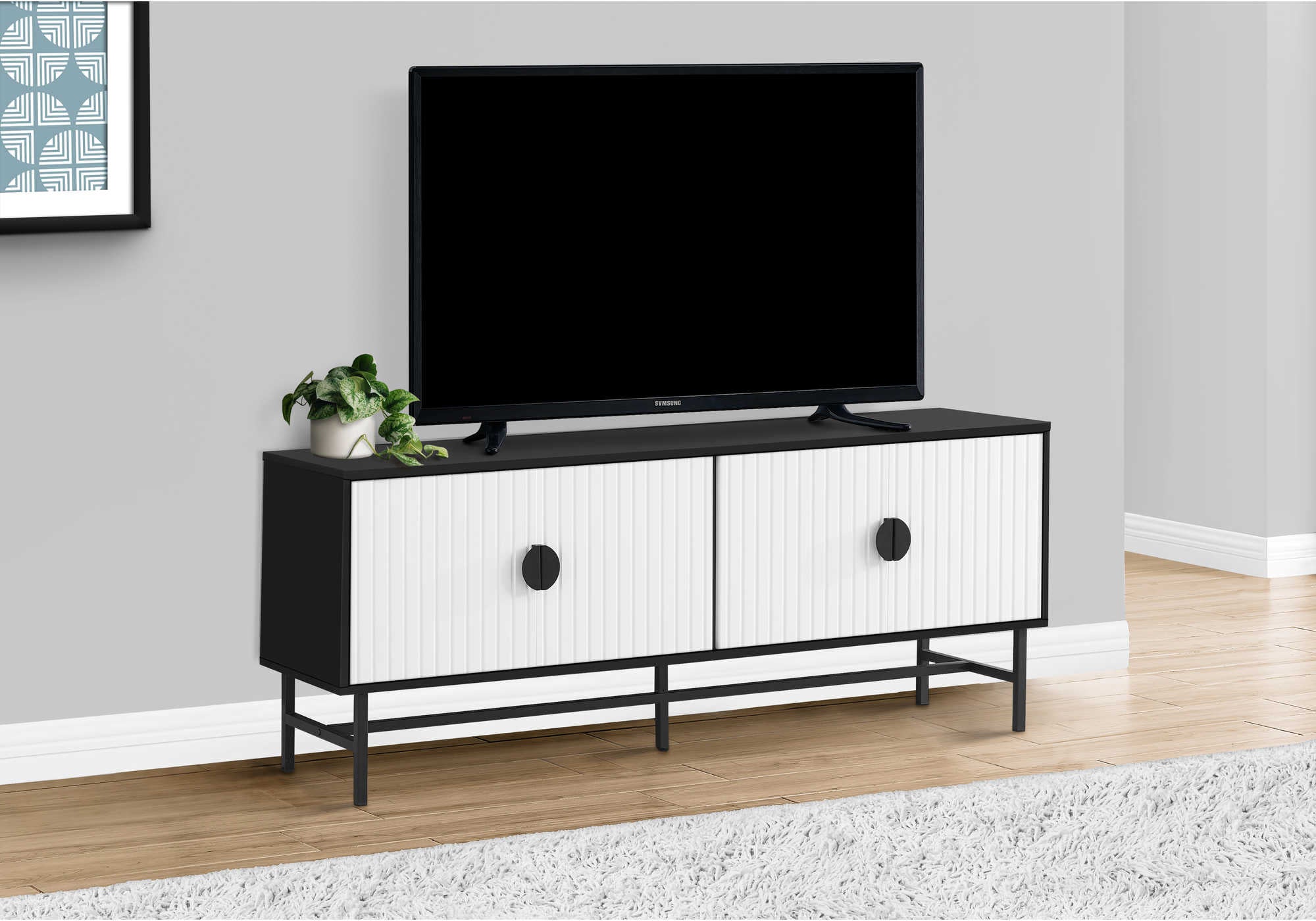 Image of tv stand - 60"l / black / white doors with black metal  i 2732.