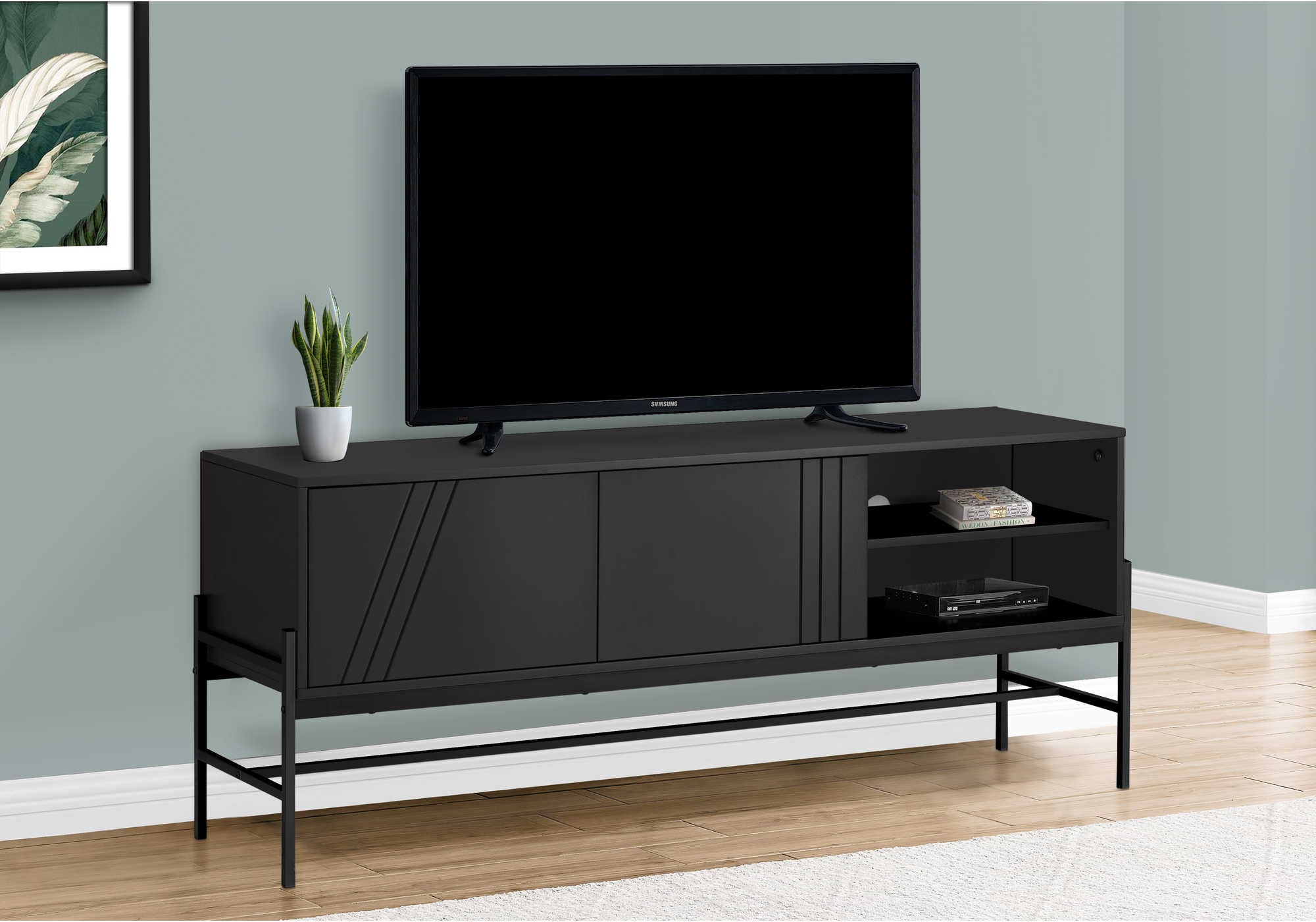 Image of tv stand - 60"l / black / black metal with storage  i 2734.
