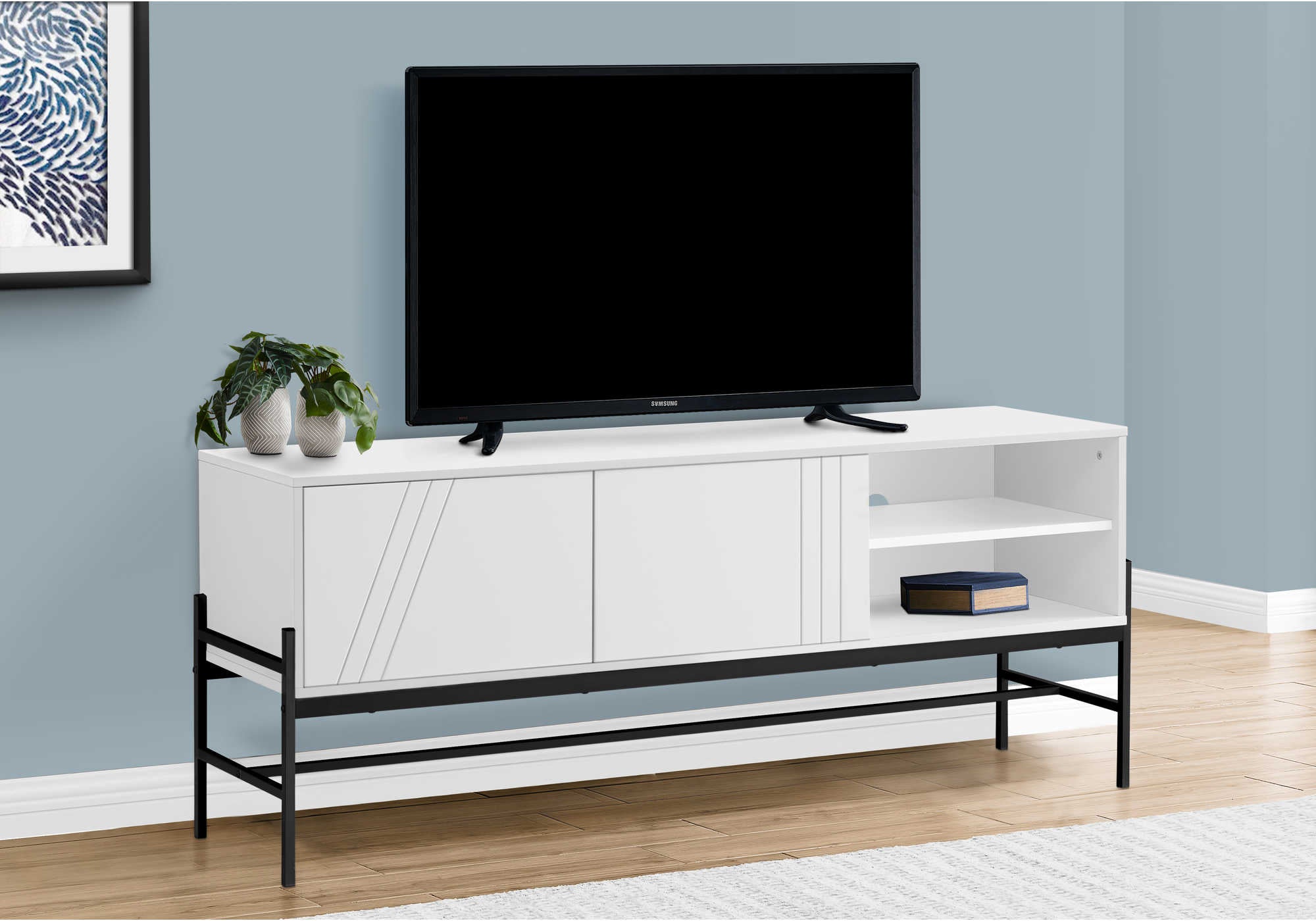 Image of tv stand - 60"l / white / black metal with storage  i 2738.