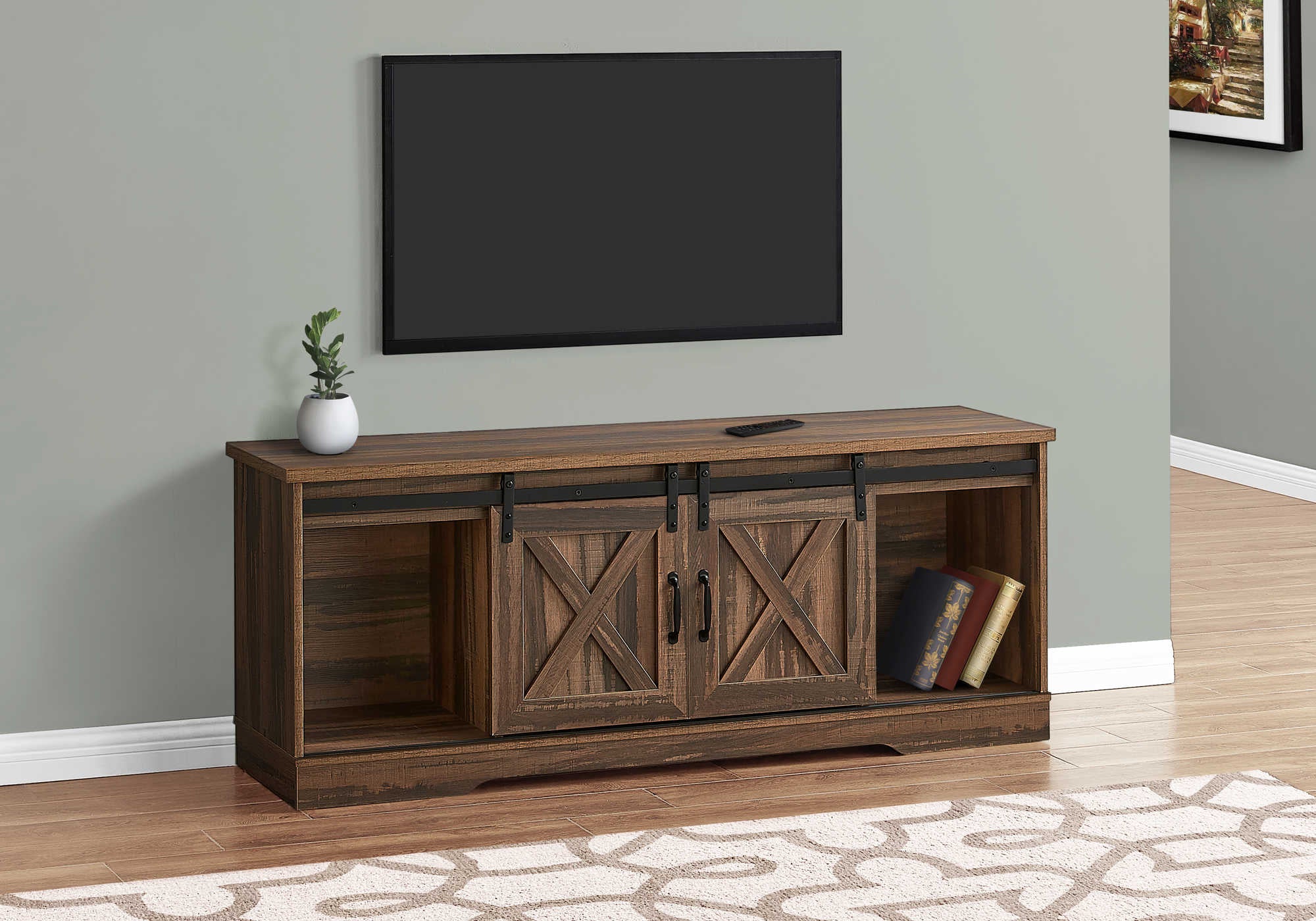 Image of tv stand - 60"l / brown reclaimed-look / 2 sliding doors  i 2748.