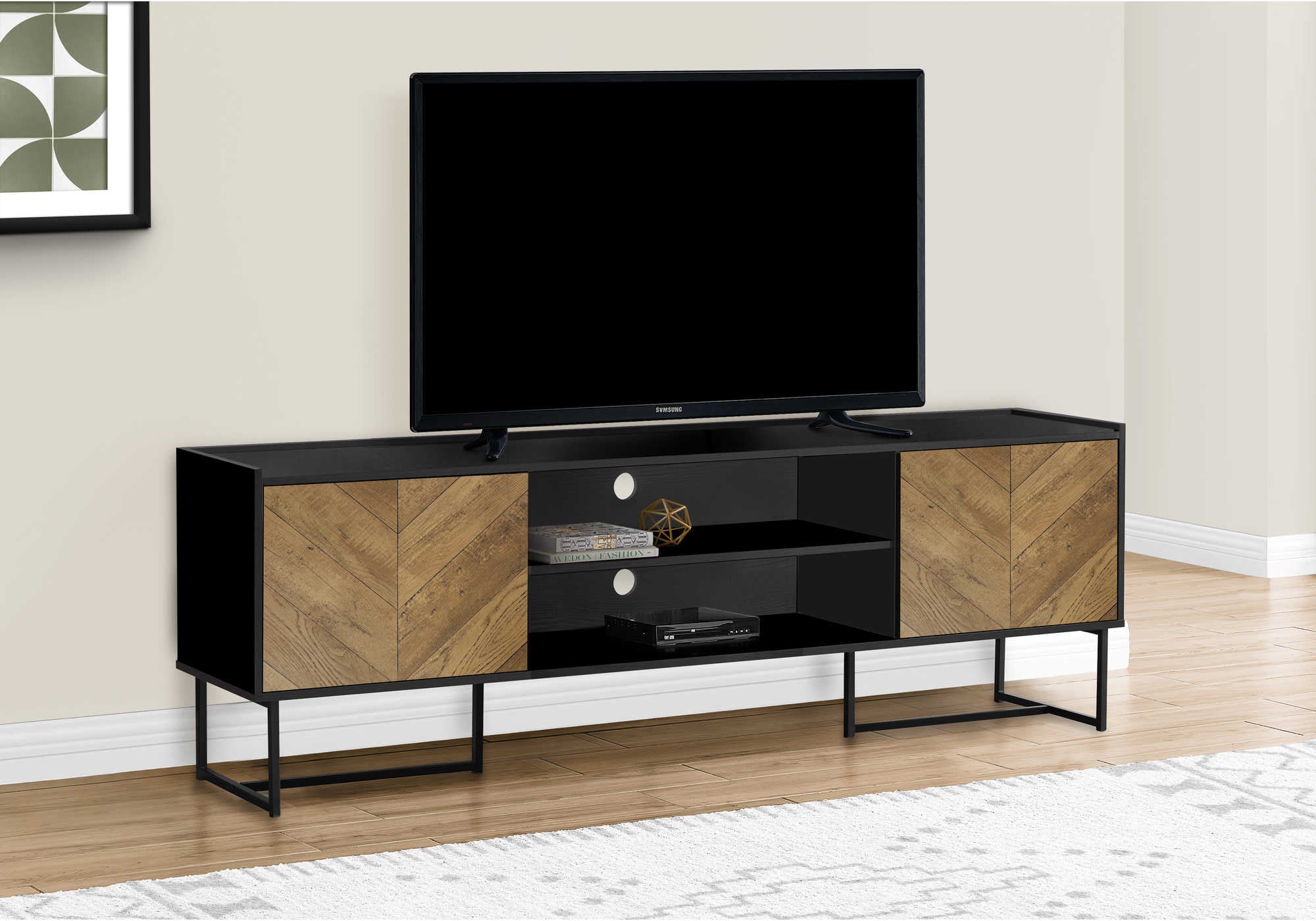 Image of tv stand - 72"l / black  / metal with 2 wood-look doors   i 2752.