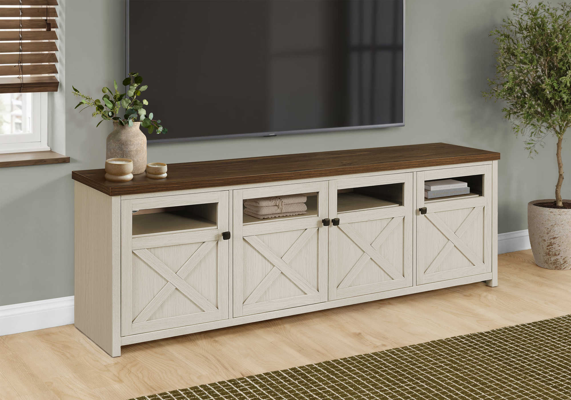 MEUBLE TV - 72"L / CHENE LAVE / PLATEAU NOYER FONCE 4 PORTES – I 2769