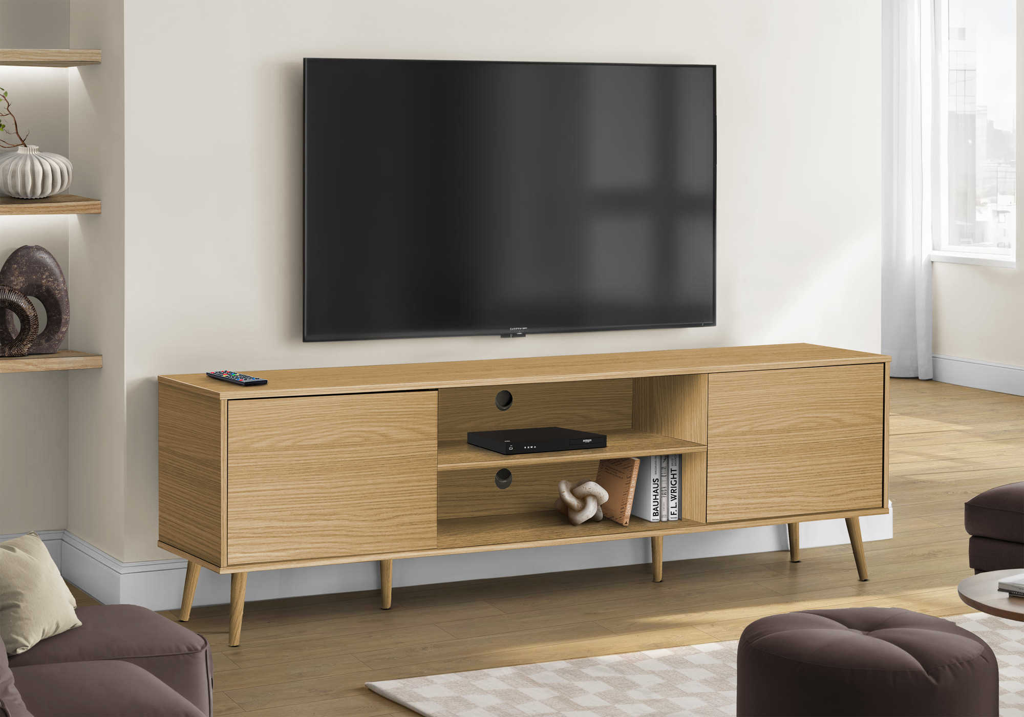 MEUBLE TV - 72"L / NATUREL AVEC 2 PORTES SIMILI-BOIS – I 2777