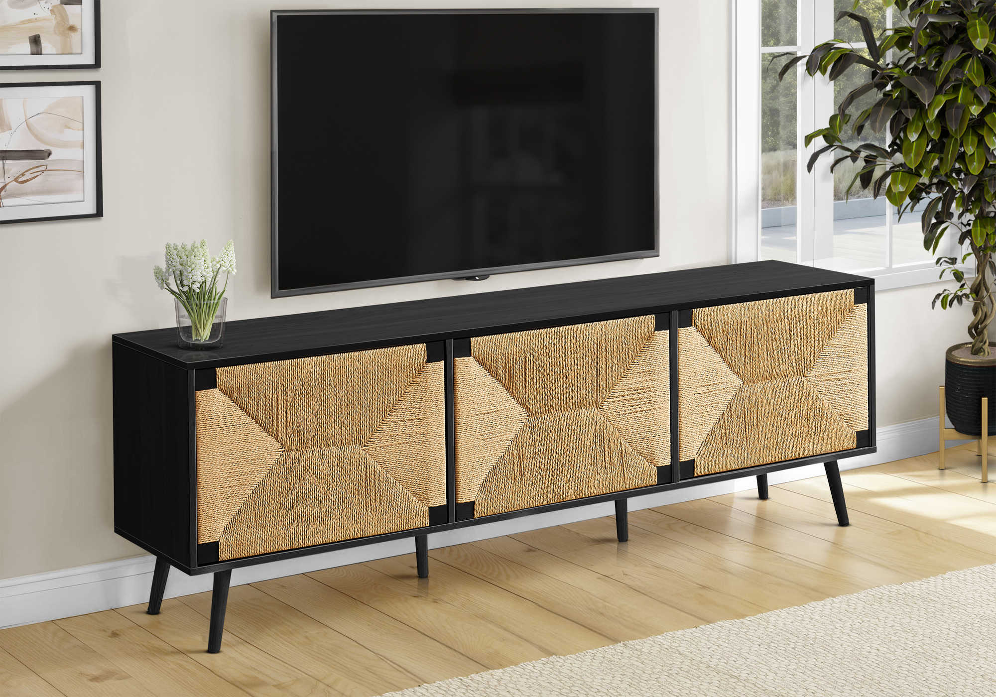 MEUBLE TV - 72"L / ASPECT JONC DE MER / NOIR -3 PORTES – I 2782