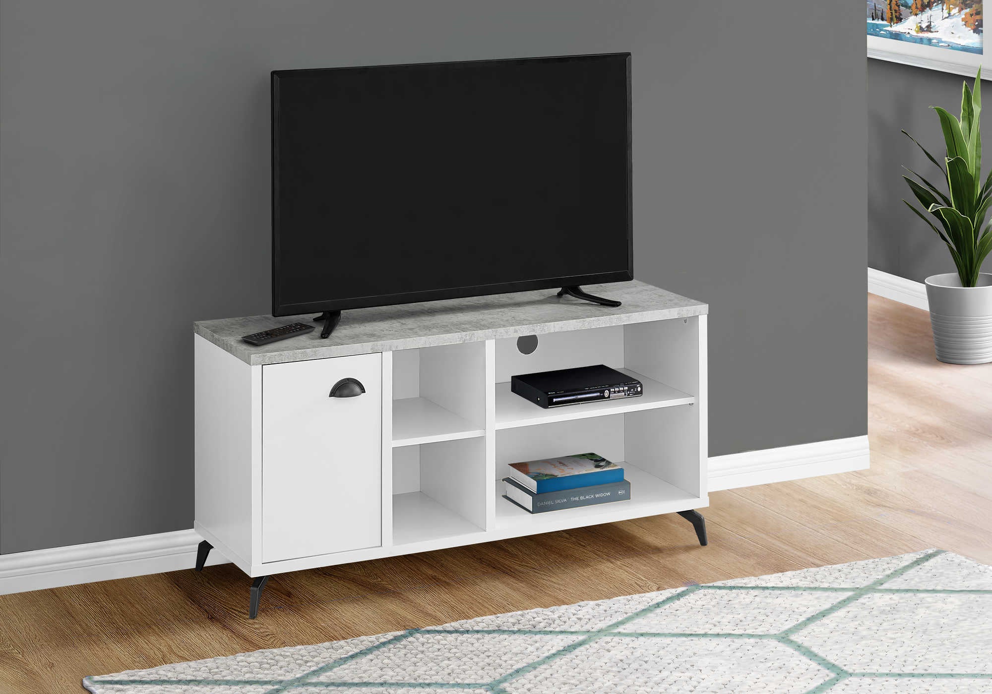 Image of tv stand - 48"l / white / grey cement-look top  i 2840.