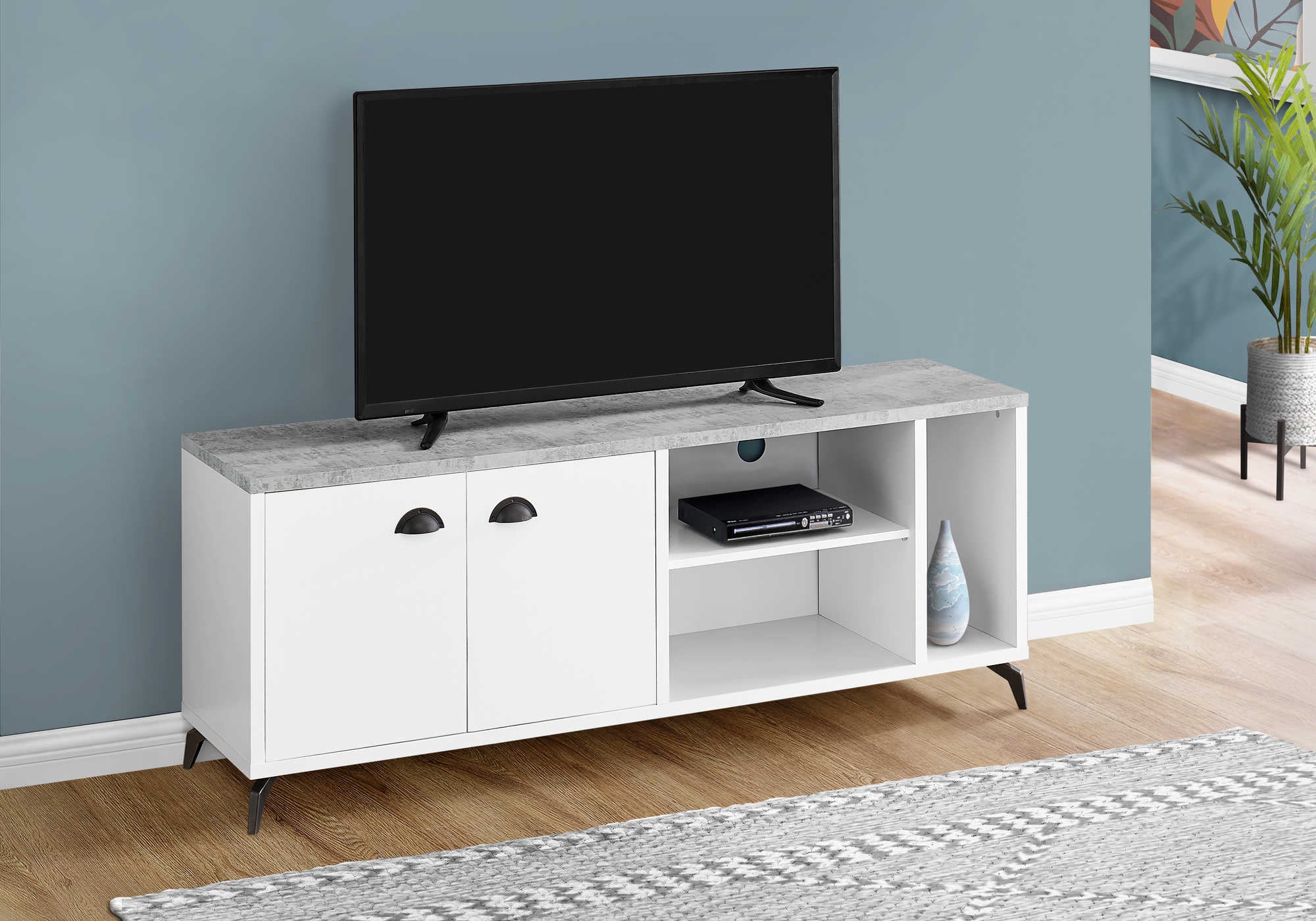 Image of tv stand - 60"l / white / grey cement-look top  i 2841.