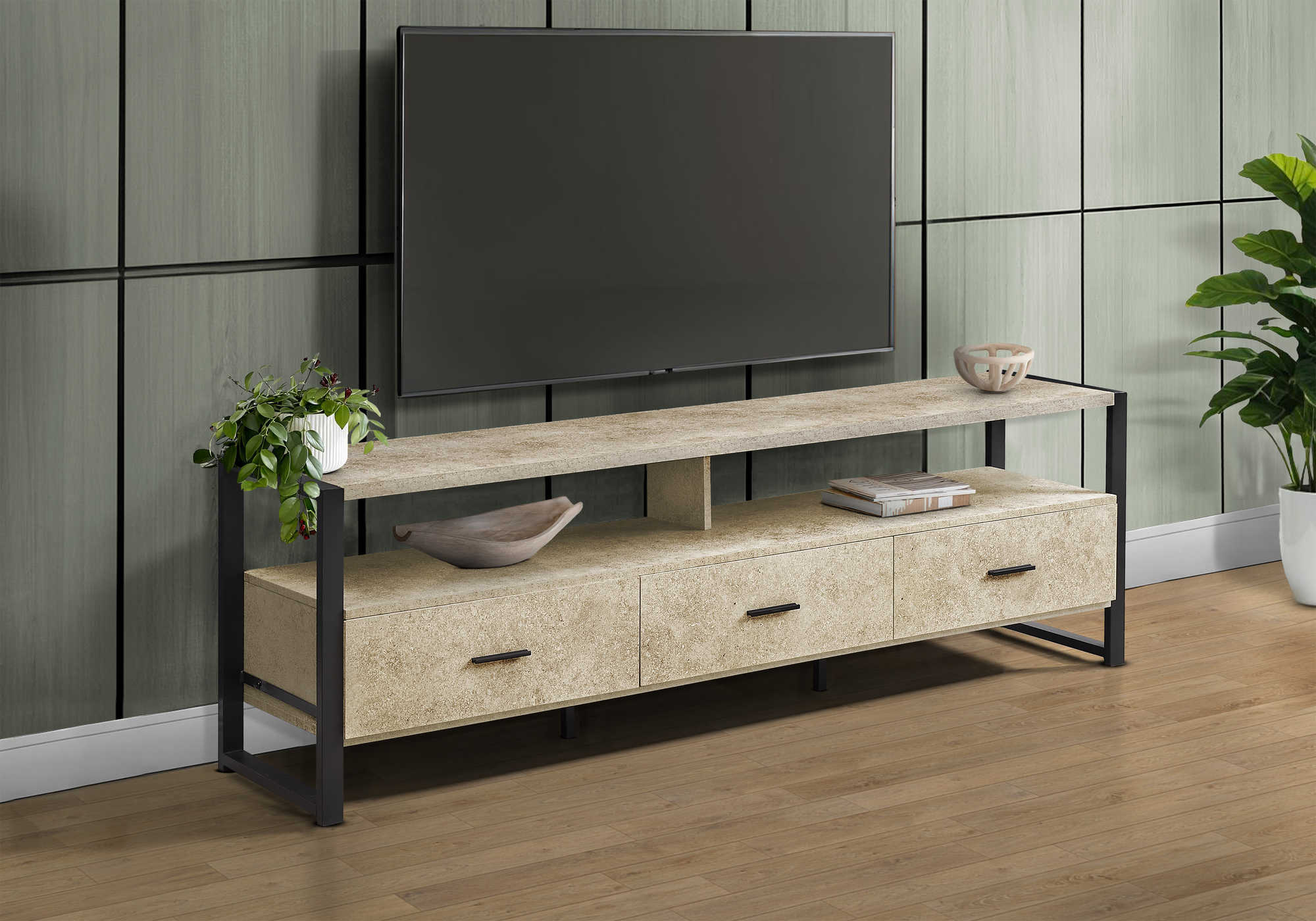 MEUBLE TV - 72"L / PIERRE CREME / METAL NOIR – I 2846