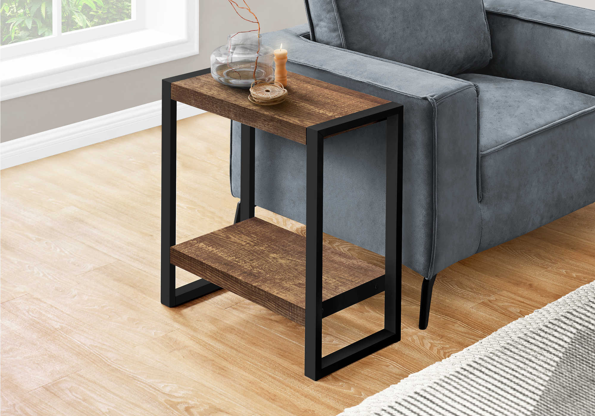 TABLE DE CHEVET - FAUX BOIS BRUN / METAL NOIR – I 2852.
