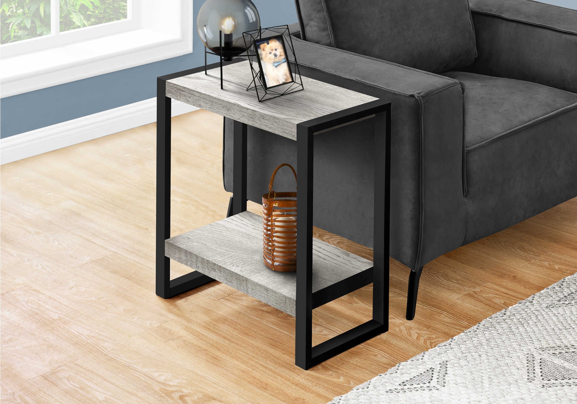 TABLE DE CHEVET - FAUX BOIS GRIS / METAL NOIR – I 2857.