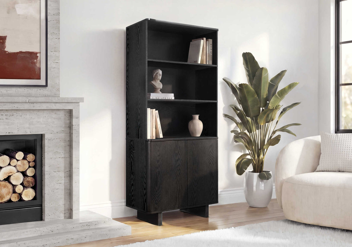 ETAGERE - 72"H / BOIS NOIR AVEC 2 PORTES – I 2868