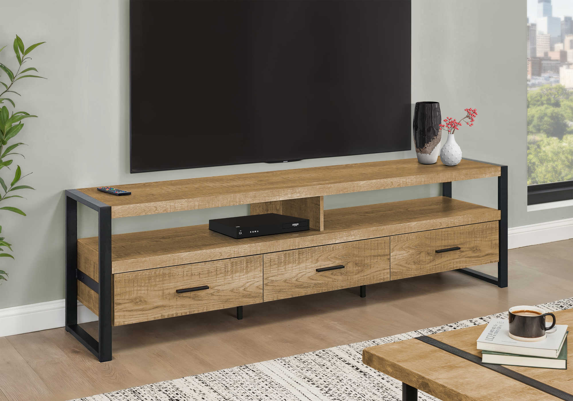 MEUBLE TV - 72"L / 3 TIROIRS BOIS DE MANGUE / METAL NOIR – I 2880