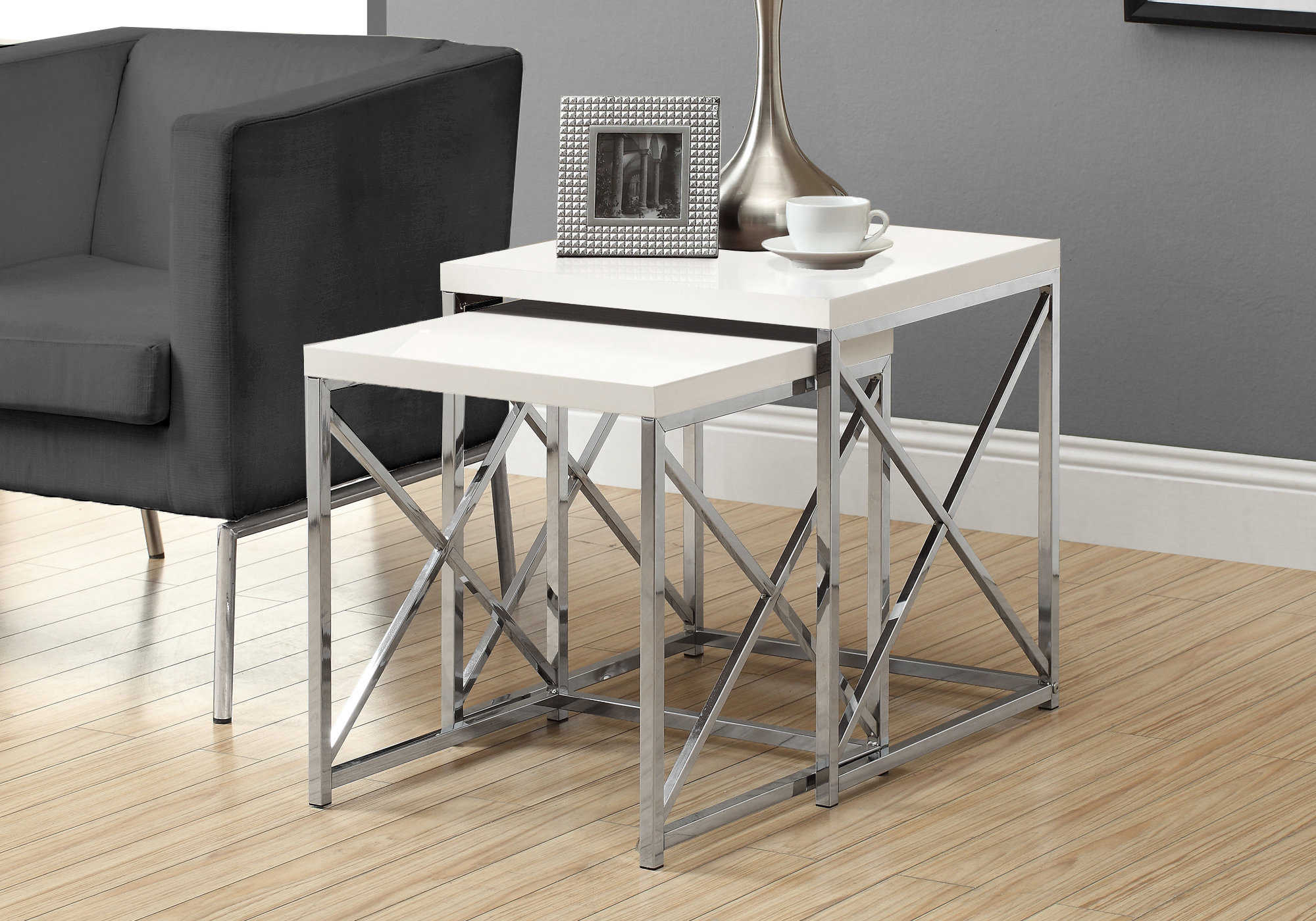 TABLES GIGOGNES - ENS. 2PCS / BLANC LUSTRE / CHROME – I 3025