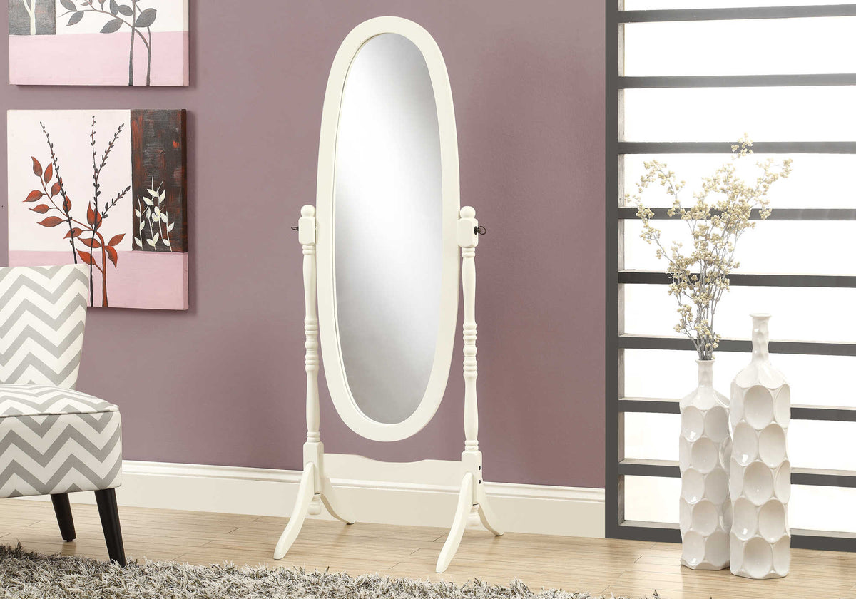 MIROIR - 59"H / BOIS MASSIF OVALE SUR PIED BLANC ANTIQUE – I 3102