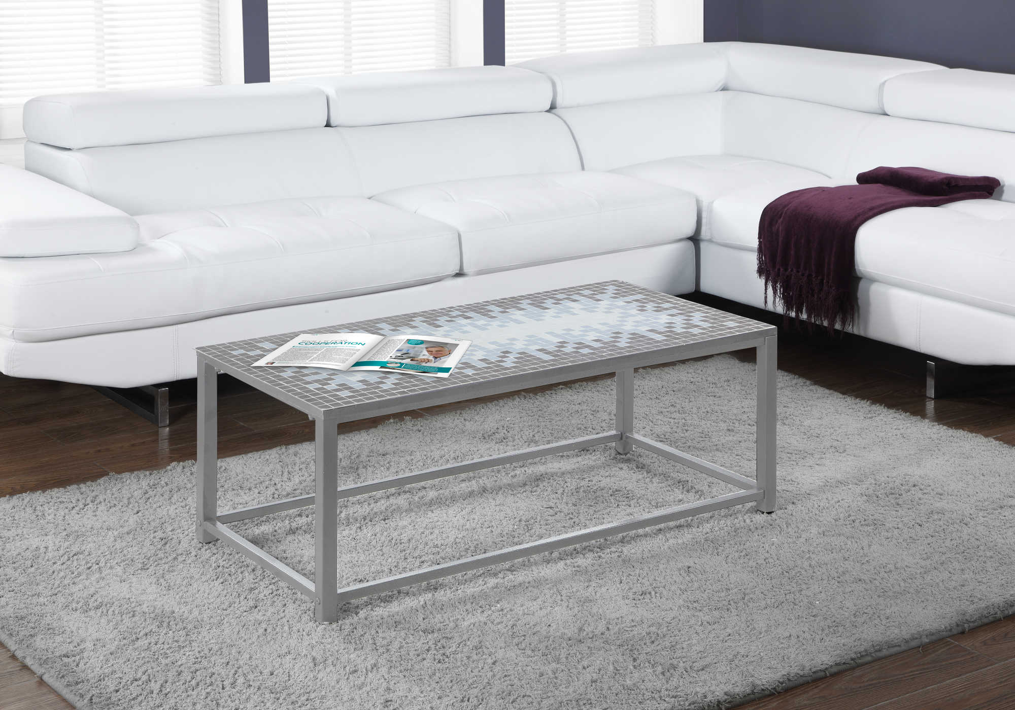 Image of coffee table - grey / blue tile top / hammered silver i 3140.