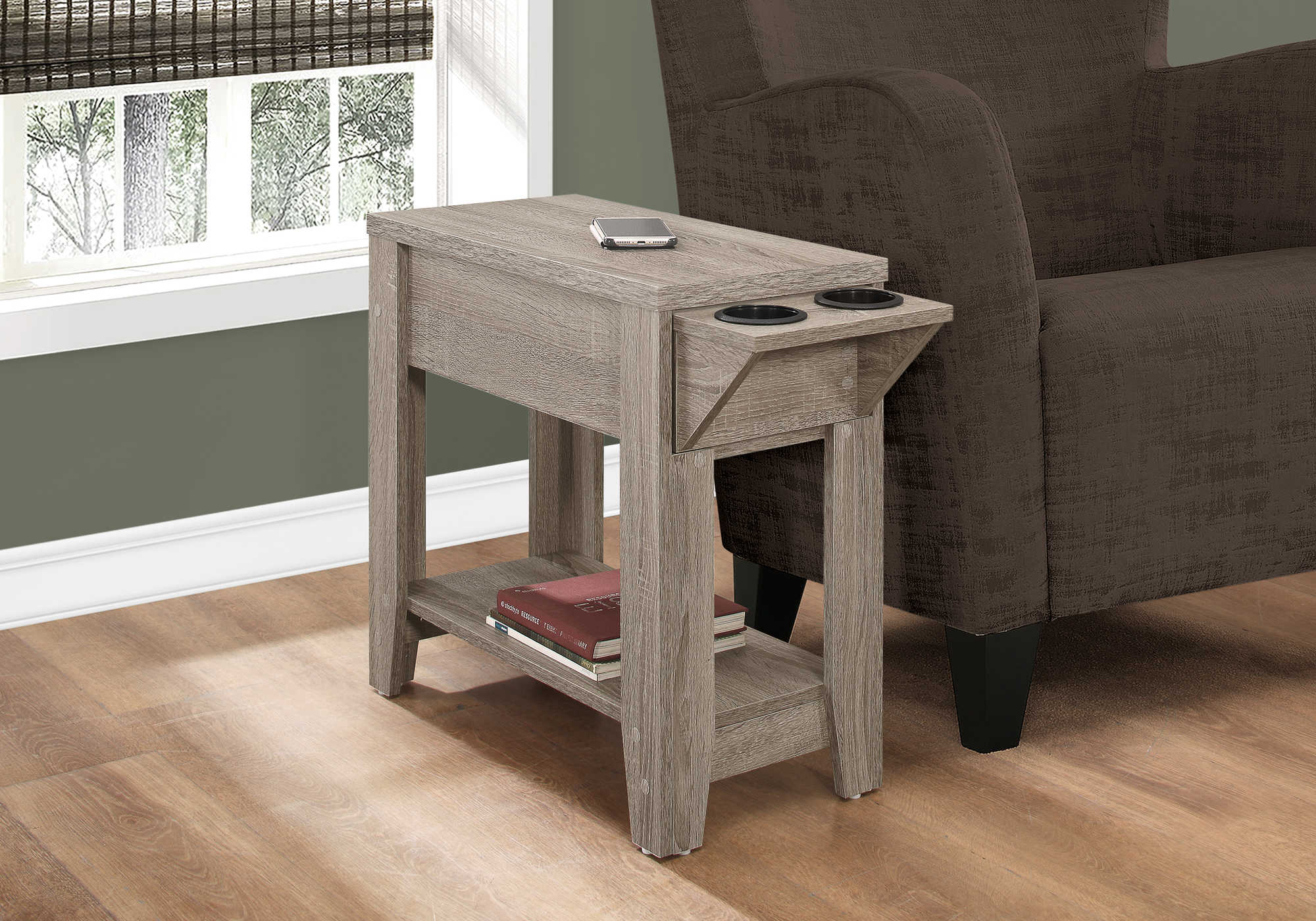 TABLE DE CHEVET - 23"H / TAUPE FONCE AVEC SUPPORT A VERRE – I 3198.