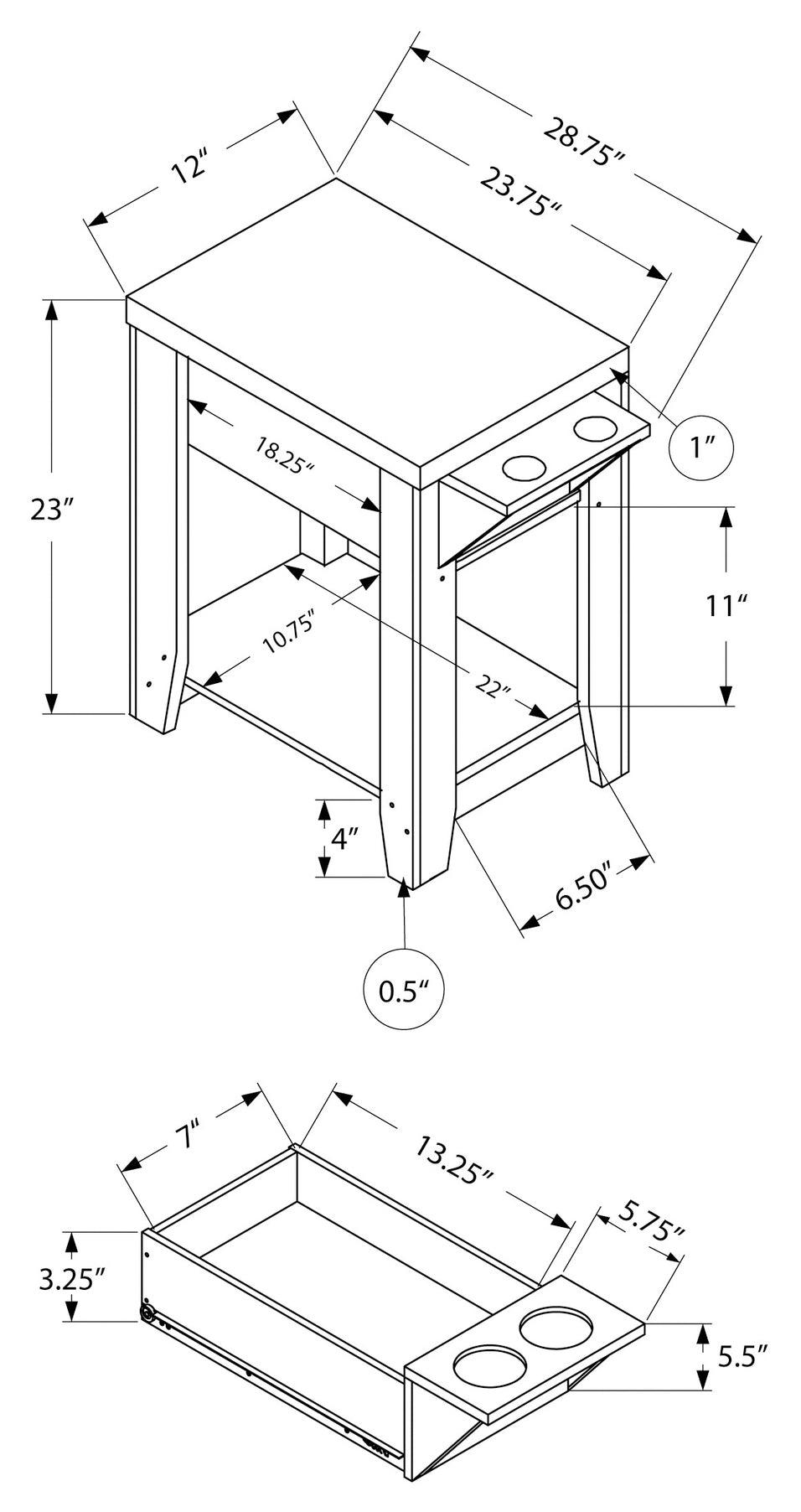 TABLE DE CHEVET - 23"H / TAUPE FONCE AVEC SUPPORT A VERRE – I 3198.