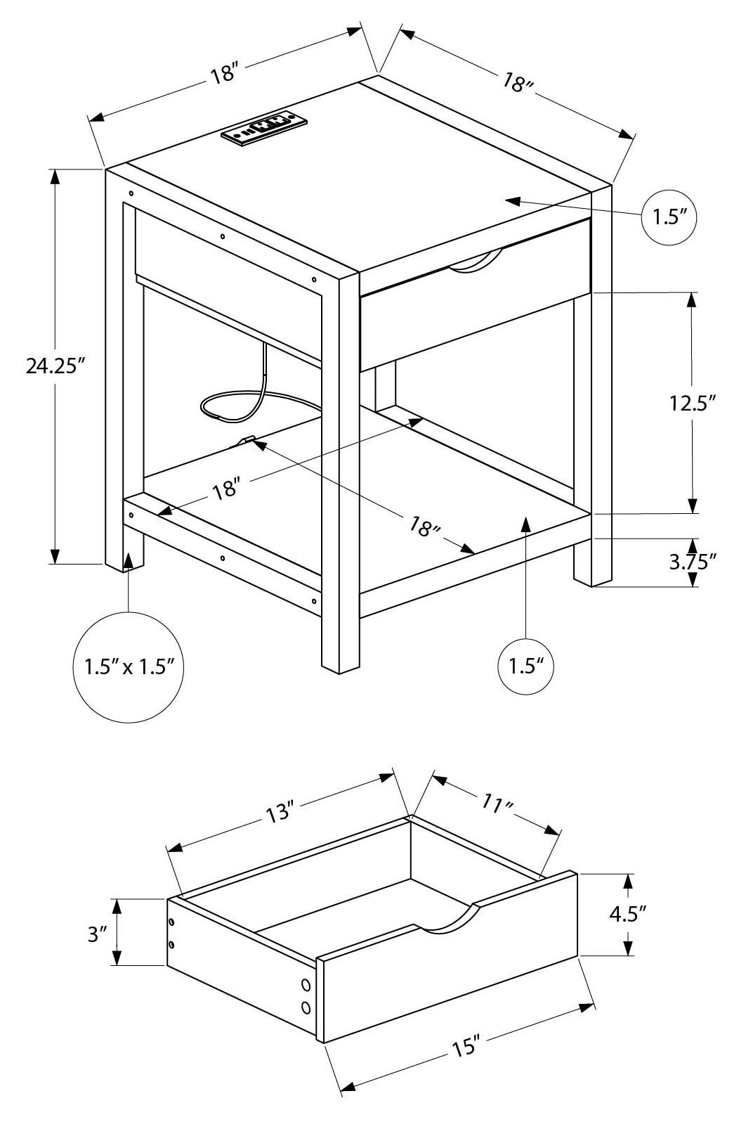 TABLE D'APPOINT - 24"H / GRIS / NOIR METAL USB / PRISE – I 3201