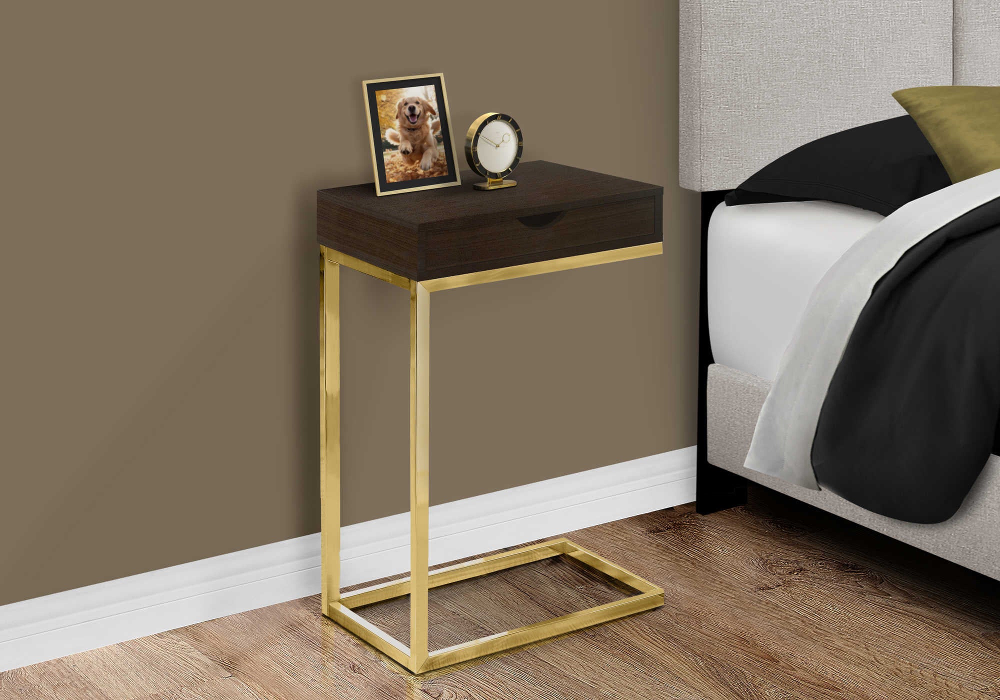 TABLE DE CHEVET - METAL OR / ESPRESSO ET TIROIR – I 3236.