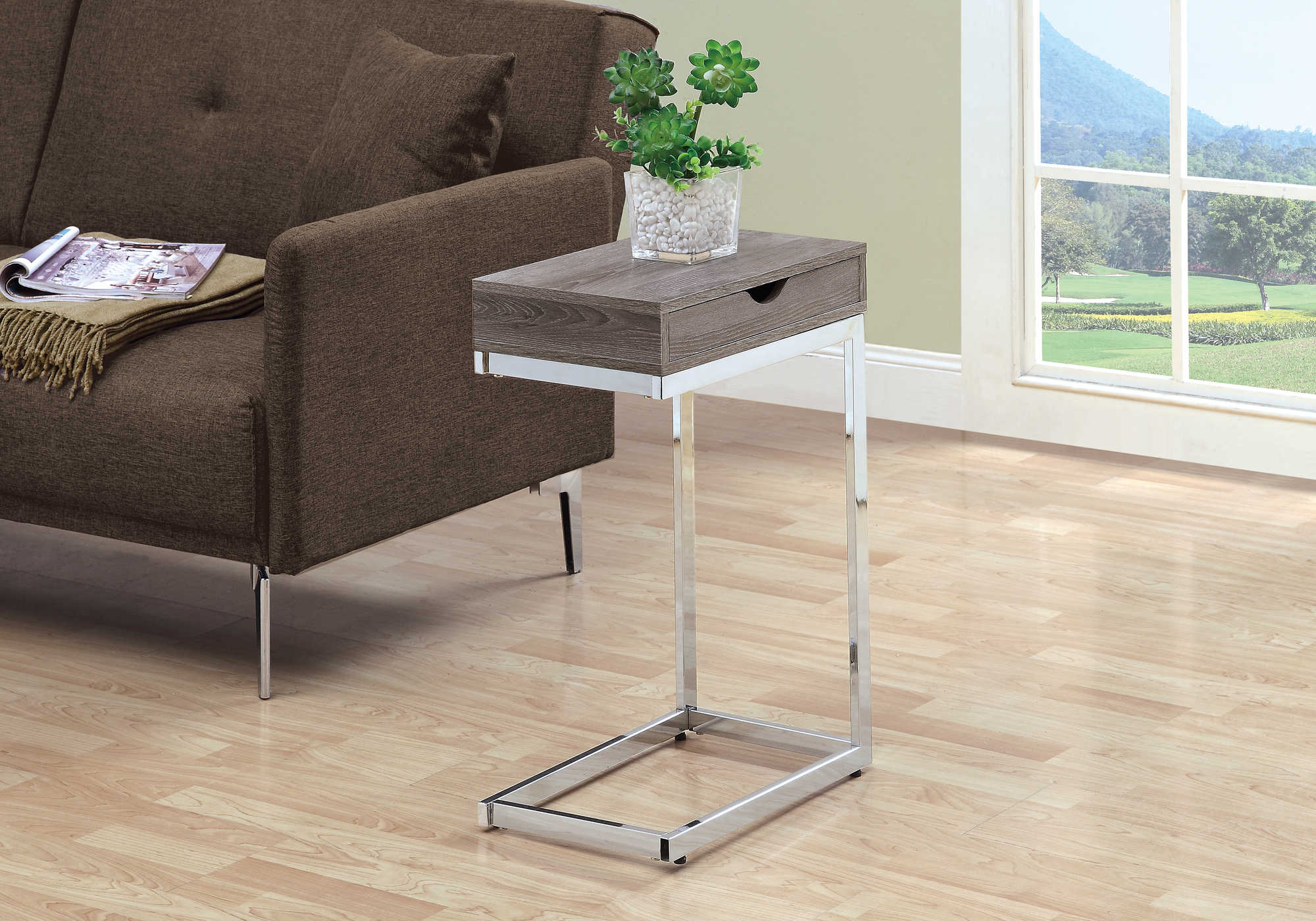 TABLE DE CHEVET - METAL CHROME / TAUPE FONCE ET TIROIR – I 3254.
