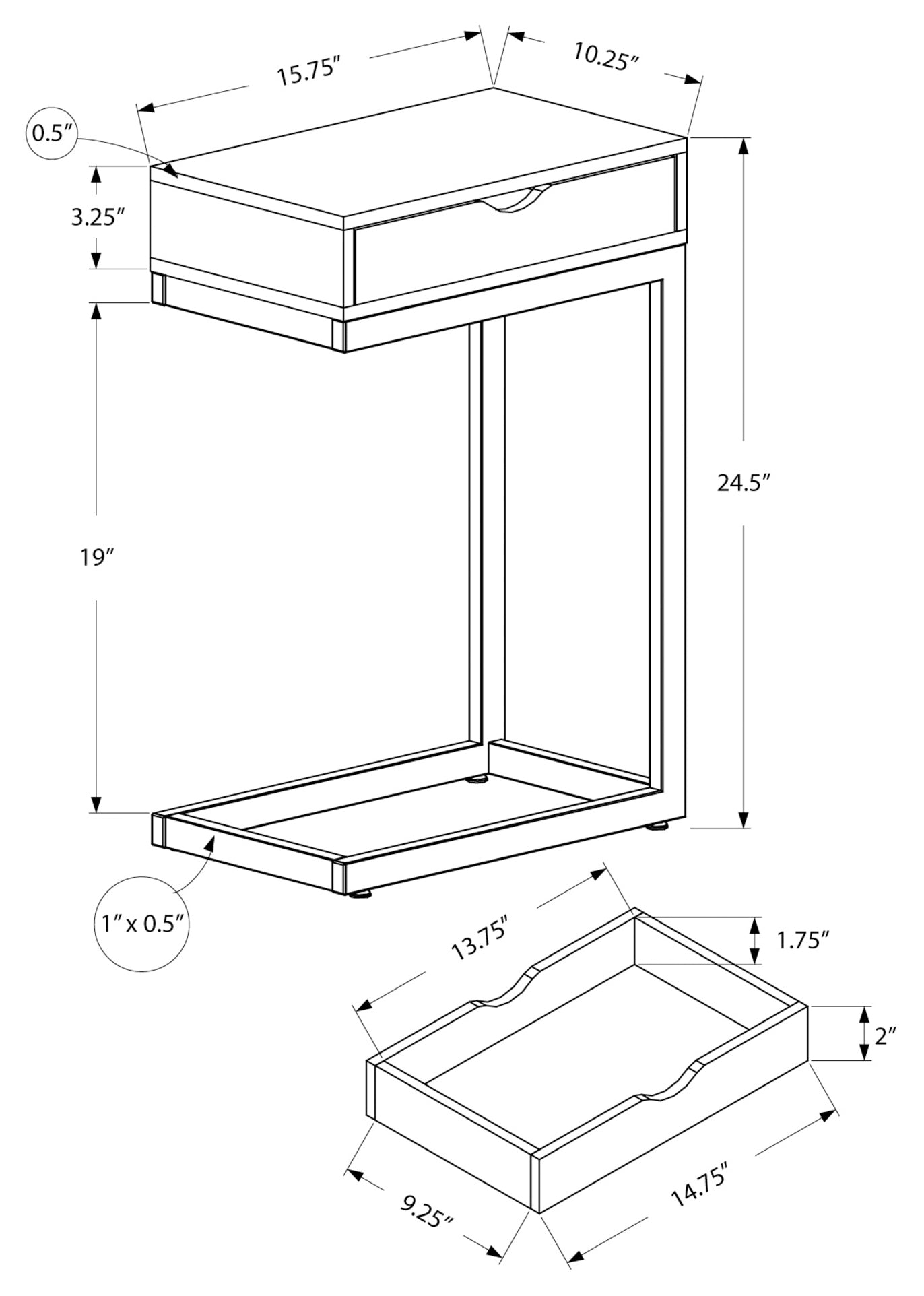 TABLE DE CHEVET - METAL CHROME / TAUPE FONCE ET TIROIR – I 3254.