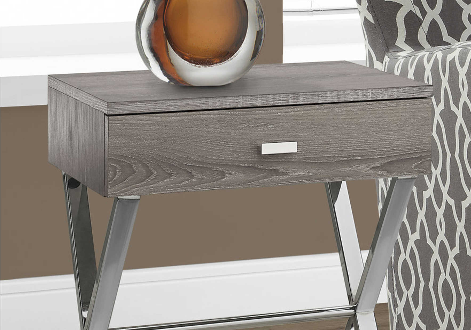 TABLE DE CHEVET - 24"H / TAUPE FONCE / METAL CHROME – I 3263.