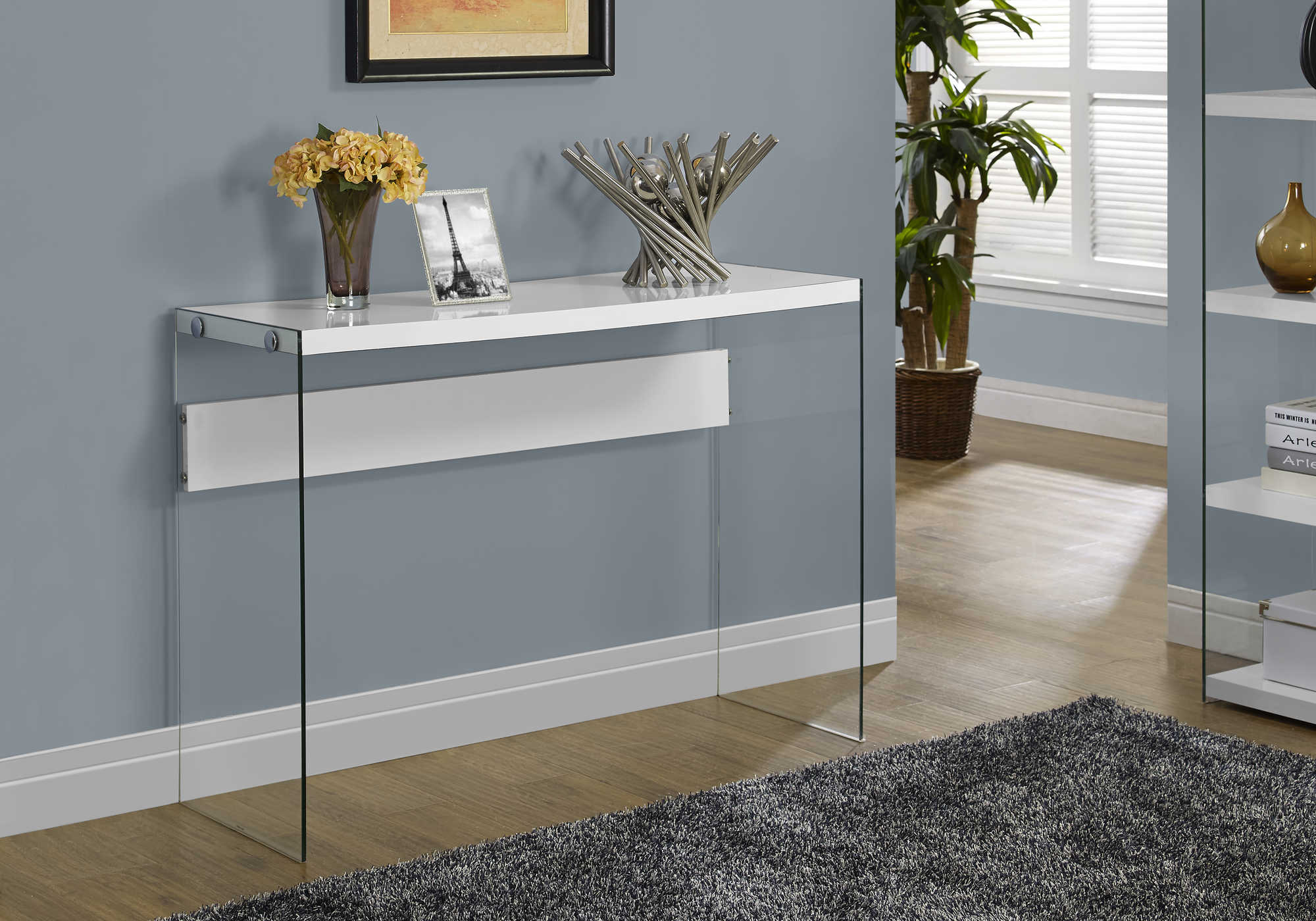 TABLE D'APPOINT - 44"L / BLANC LUSTRE / VERRE TREMPE – I 3288.