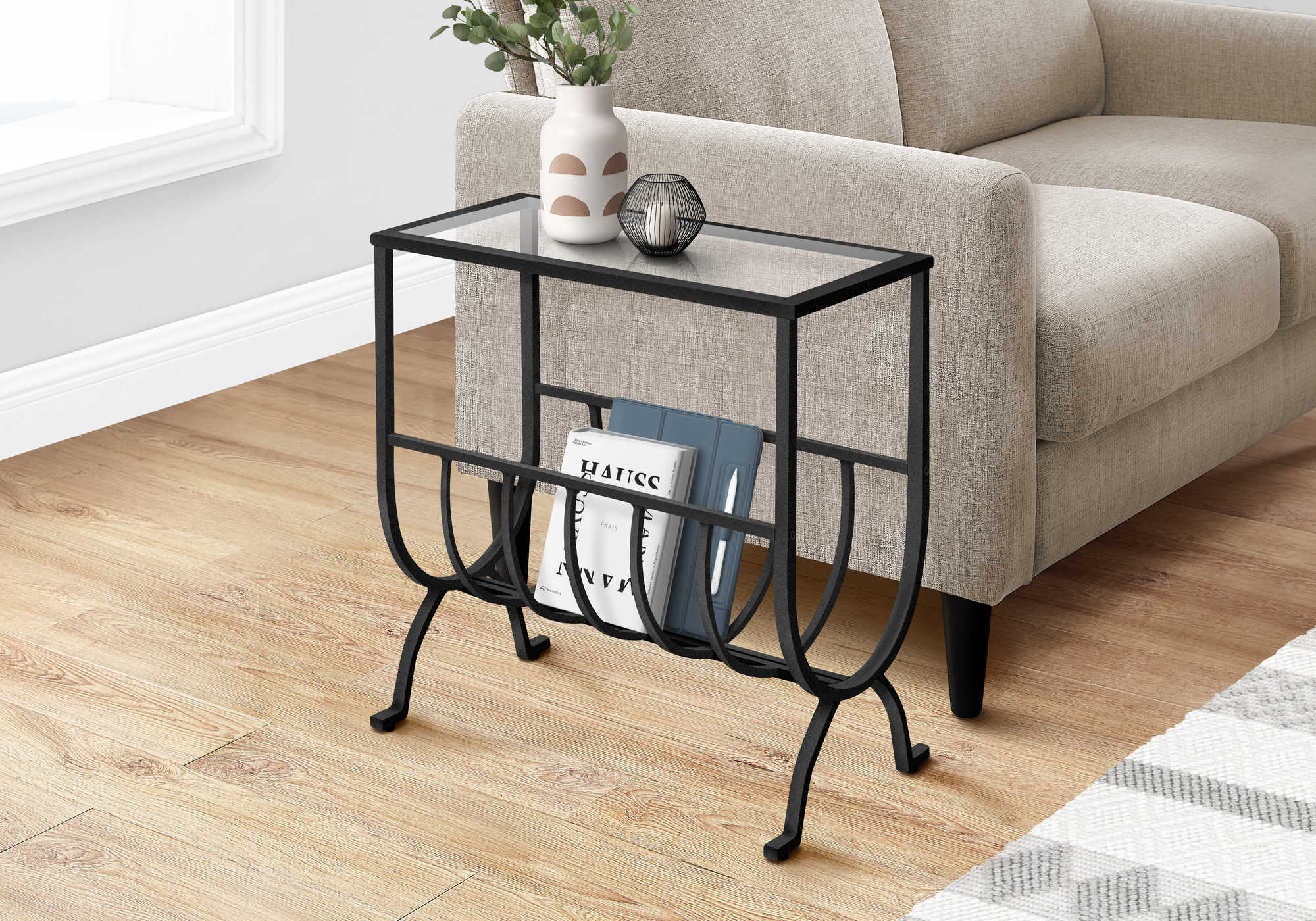 TABLE DE CHEVET - METAL NOIR AVEC VERRE TREMPE – I 3308.