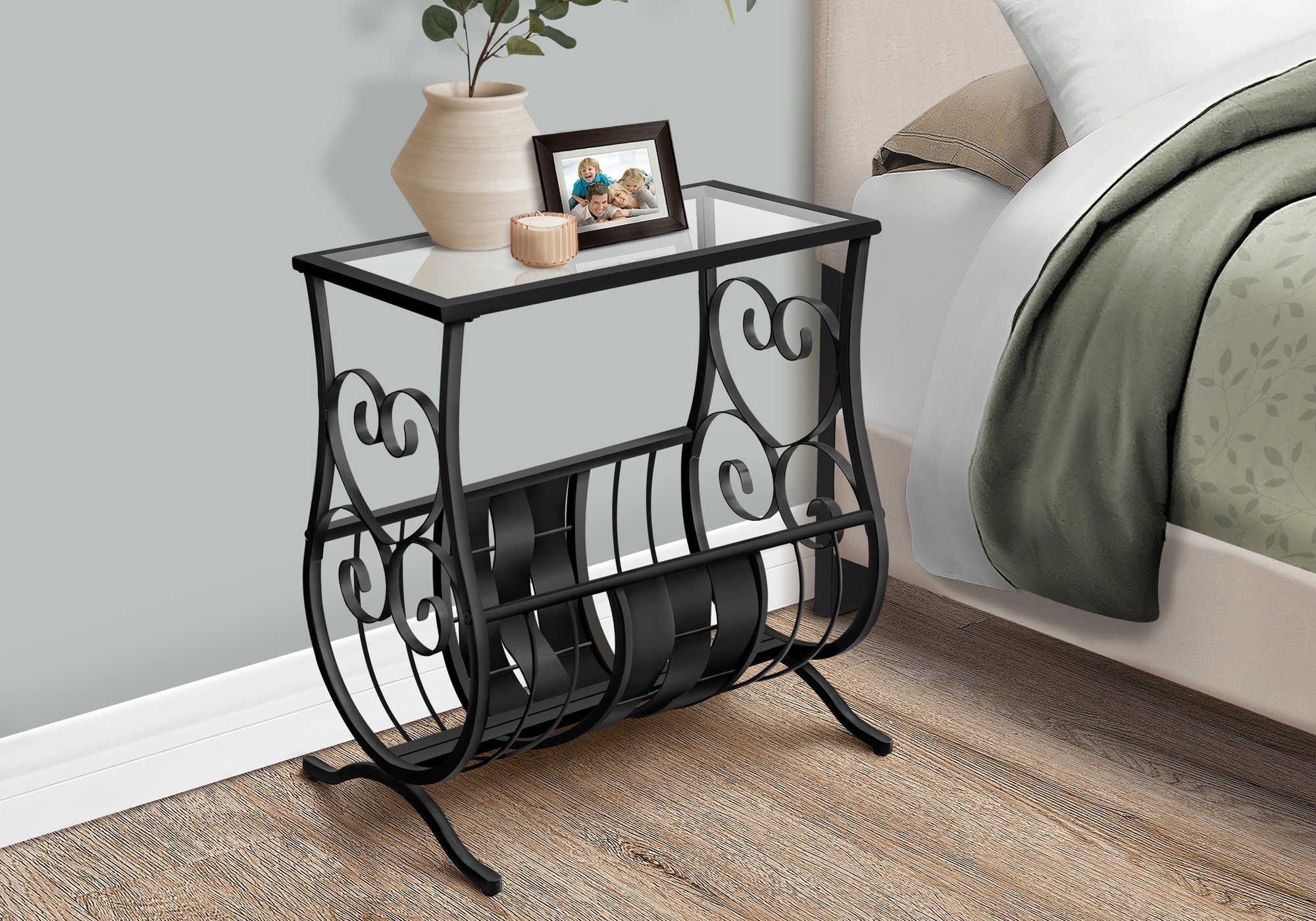 TABLE DE CHEVET - METAL NOIR SATINE AVEC VERRE TREMPE – I 3314.